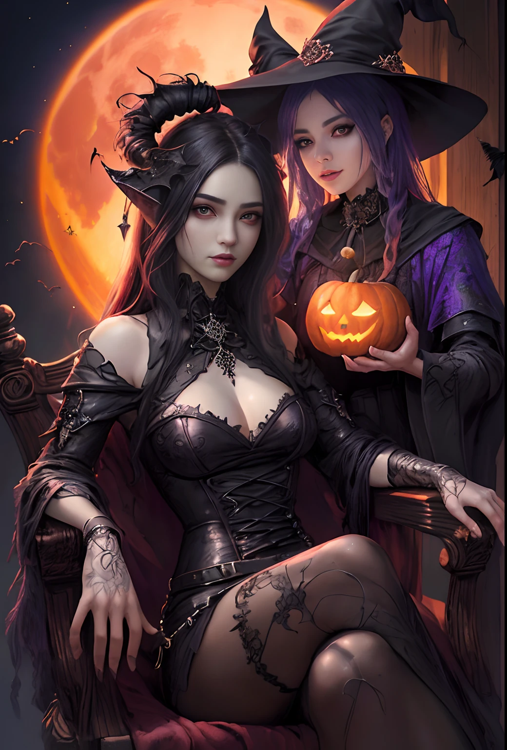 （tmasterpiece）， （best qualtiy）， Forcing Allah righteousness，Surrealist school of detailing，photorealestic， ultra - detailed， 16K resolution，(Halloween:1.1),hag， 独奏，Front light， cinematric light， cold light， mistic，red - eyed，Meniscus，Red Moon，borgar，pumpkins，the bats，fanciful， pumkin，The witch sat in the Cadillo's chair，Holding a crow，Epic fantasy digital art style,, Rosla global lighting, Epic fantasy art style HD, artgerm julie bell beeple, artgerm and rossdraws, Fantasy wizard woman, Epic fantasy art style，gothic art style，dark fantasy style art, Epic fantasy art style,ultra-realistic realism，