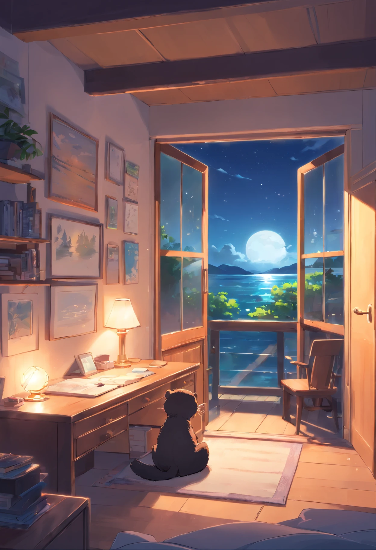(Best quality,highr:1.2),Fotorrealista,stickfigure,anime big breast,Cute little sea otter,(natta,Moonlight poured in from the small sea otter's bedroom window,Illuminate a corner of the room)
