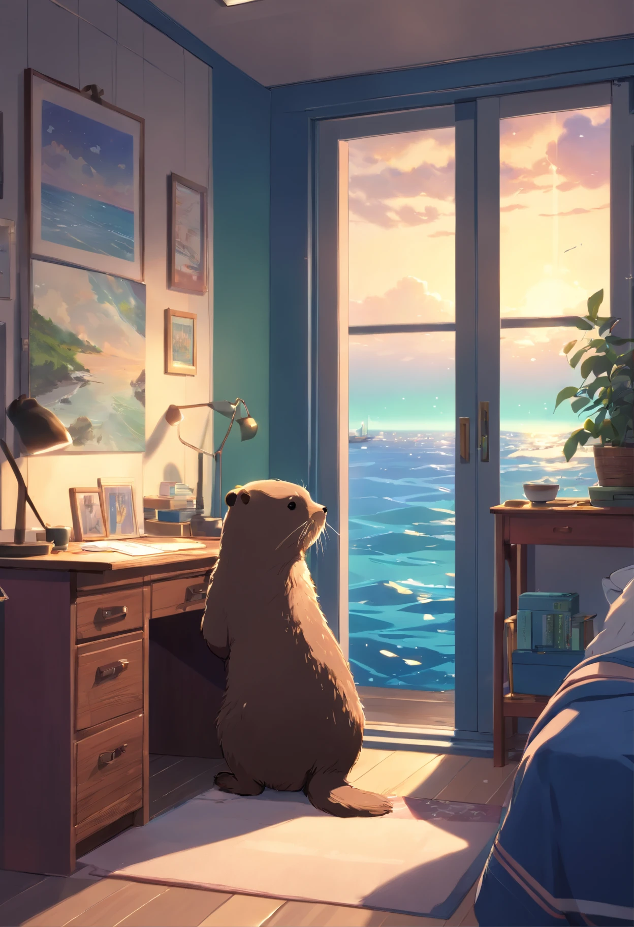 (Best quality,highr:1.2),Fotorrealista,stickfigure,anime big breast,Cute little sea otter,(natta,Moonlight poured in from the small sea otter's bedroom window,Illuminate a corner of the room)