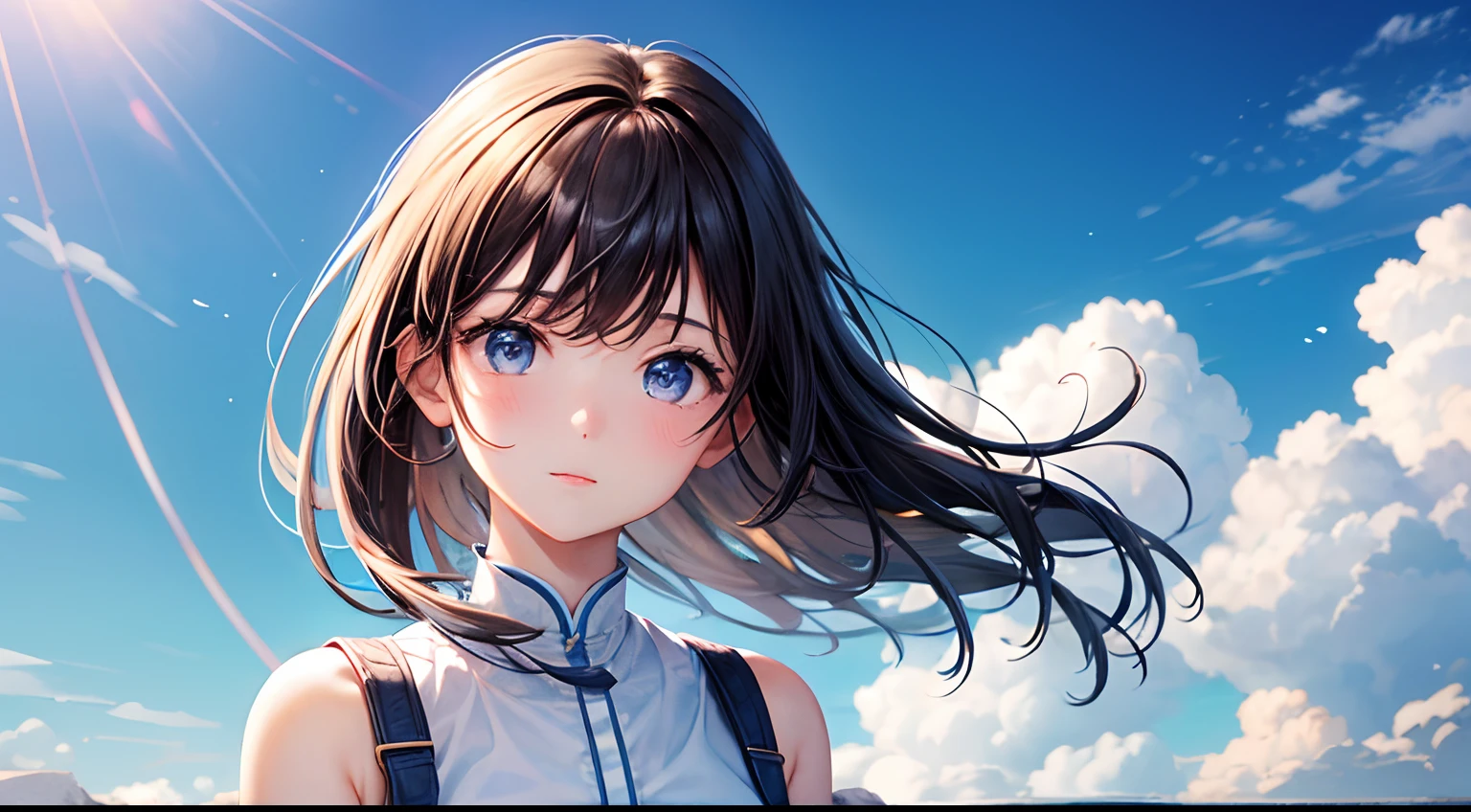 A girl with an upper body，The facial features are delicate and cute，The background is a clear sky、Blue sky and white clouds