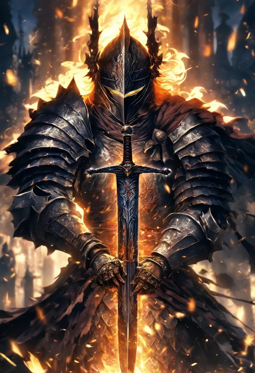 (8k unit wallpaper CG extrem detailliert, Meisterwerk, best quality, Ultra-detailliert), (((nur))), ((Weitwinkel-Schuss:1.5)), (A paladin with a legendary sword), (Thematischer Hintergrund), mittelalterlich, Magnificent scene, Dunkle, unheimliche Umgebung, (dark Souls 3, Illustrator, (Beste Illustration)