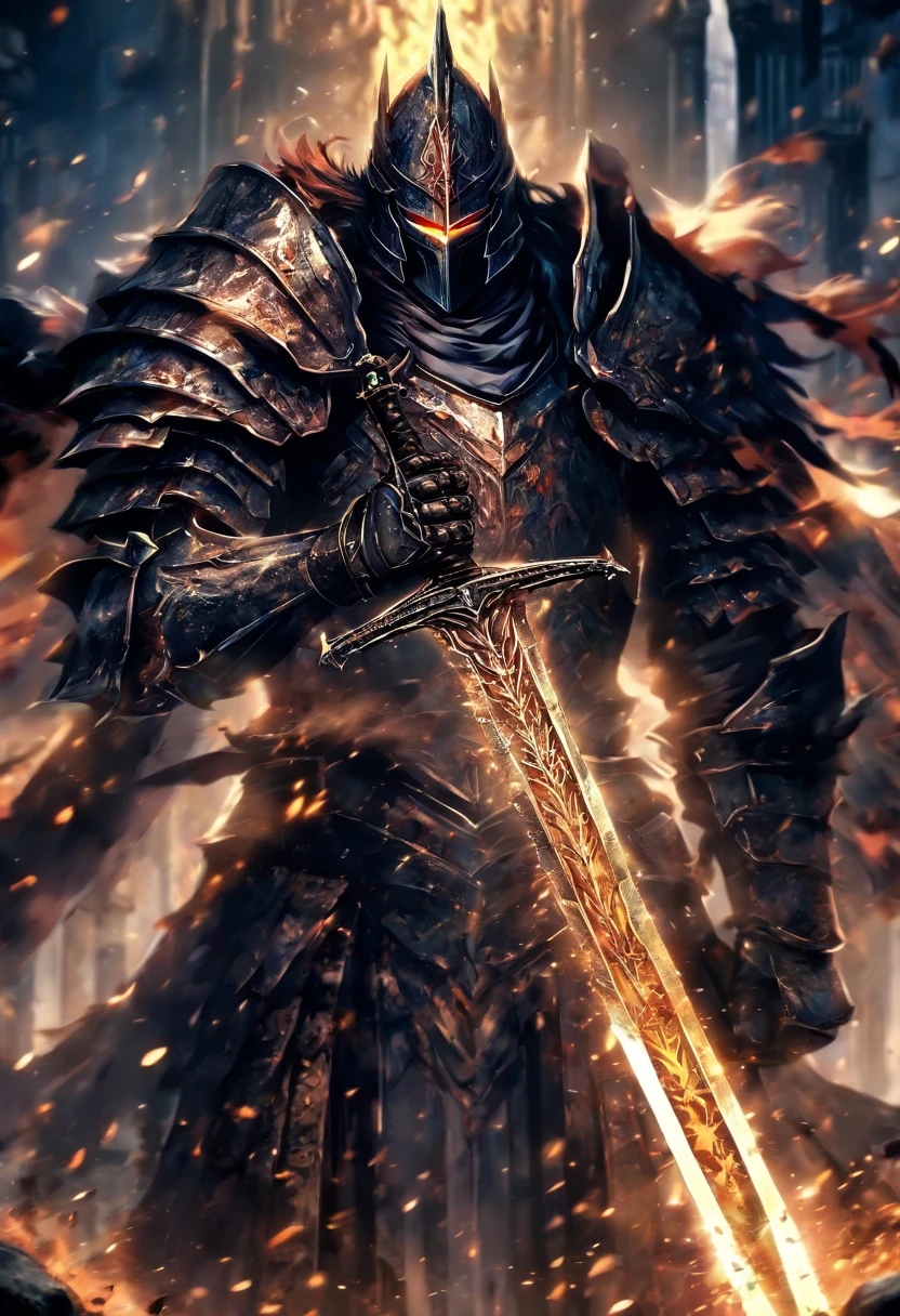 (8k unit wallpaper CG extrem detailliert, Meisterwerk, best quality, Ultra-detailliert), (((nur))), ((Weitwinkel-Schuss:1.5)), (A paladin with a legendary sword), (Thematischer Hintergrund), mittelalterlich, Magnificent scene, Dunkle, unheimliche Umgebung, (dark Souls 3, Illustrator, (Beste Illustration)