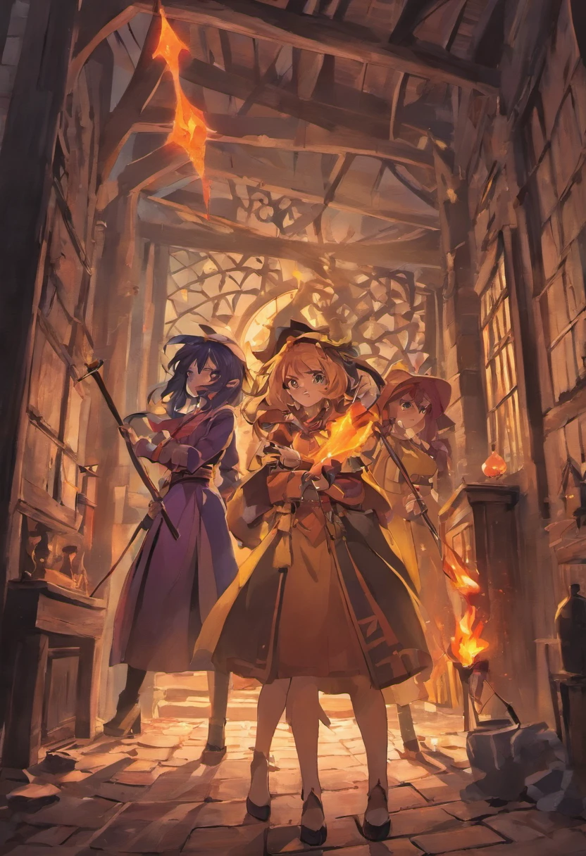 tres mujeres brujas, luchando contra un demonio, Background of an old attic,