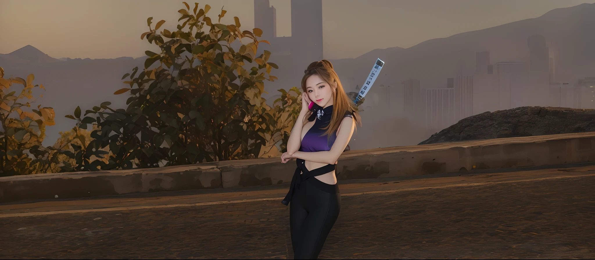 beautiful, (masterpiece:1.2), (best quality:1.2), perfect eyes, perfect face, perfect teen body, perfect lighting, korean woman 28 years old, (solo),sport, on the street,city in background, night, red lights in the room, face focus, dynamic angle, blured background,  gentle smile, detailed breats, windy, wearing  yoga pants and white jacket, raining
