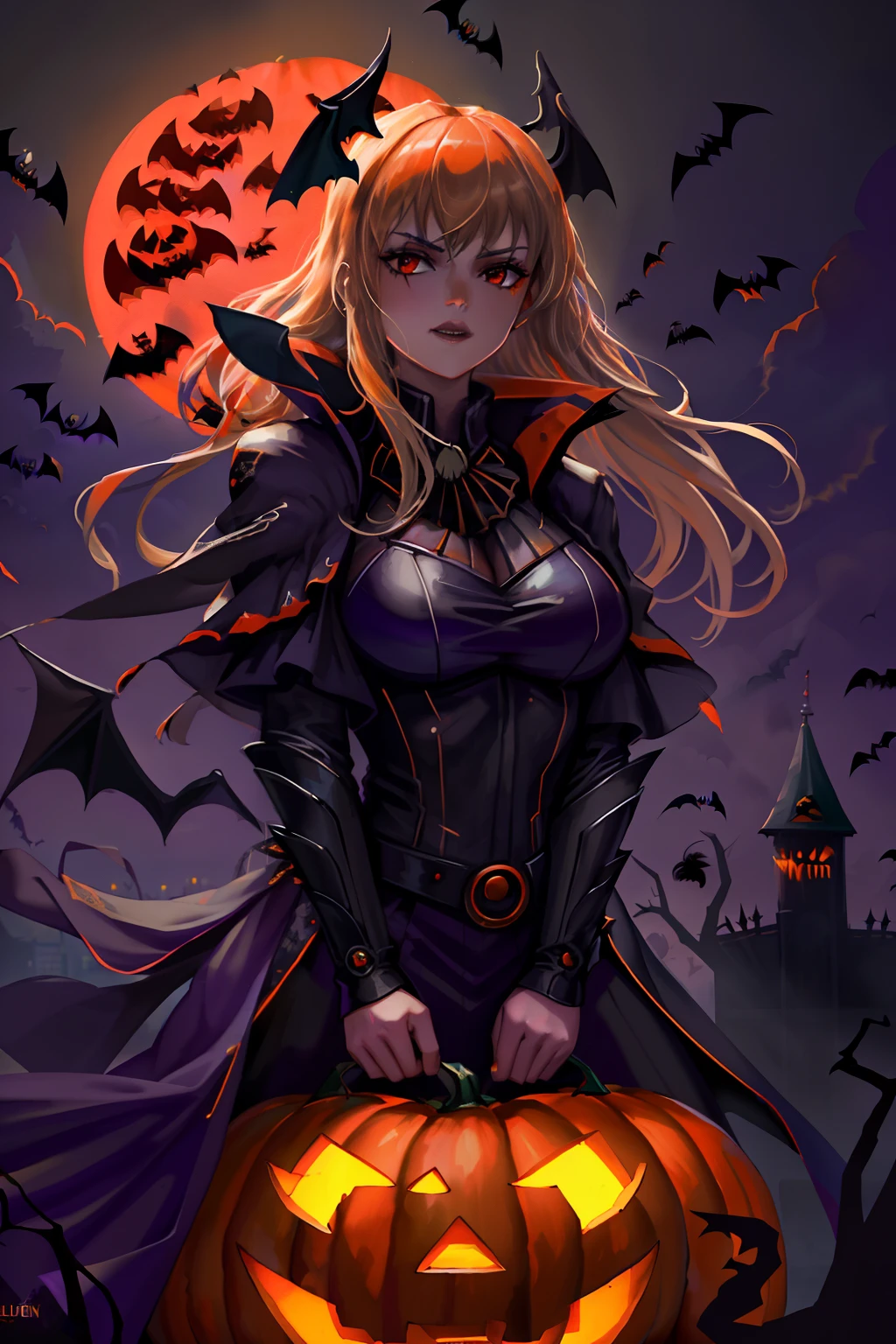 high high quality，Best quality at best，Realiy，Super realistic，super detailing,tmasterpiece，A high resolution，8K，Very realistic，(halloween night:1.6),red - eyed，Meniscus，Red Moon，borgar，(pumpkins:1.5)，Bat close-up，hag， 独奏， Dark black cloak，gothic art style，((Bat wings))，Epic fantasy digital art style,A noble and elegant girl, dark fantasy style art, Epic fantasy art style, , dark fantasy art style, Epic fantasy art style HD, dark fantasy digital art，"Artistic image type: {Perched on top of cybernetics dragons, Girl investigates the huge cyber metropolis below. Infused with neon lights, Contrast her technically enhanced body, Embedded LEDs and retractable technology weapons shine. In a striking pose, She seemed ready to act, A fusion of ancient legends and visions of the future}, Excellent location，with city view, (Vibrant neon lighting:1.5), (Digital painting:1.25), (4K:1.2). environment: panoramic view of a city，Bats fly across the skyline."