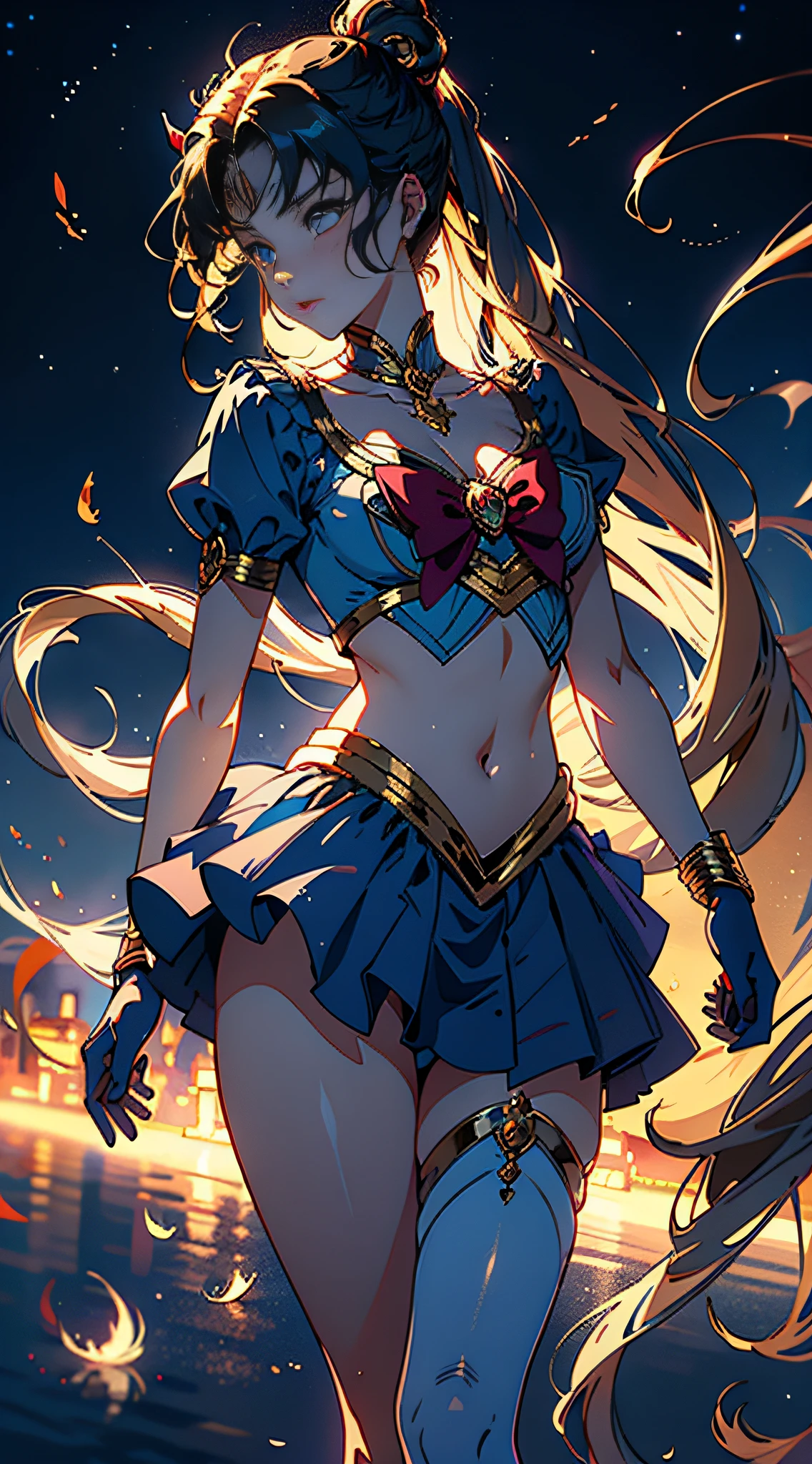 ((tmasterpiece)), ((best qualtiy)), (ultra - detailed), ((Very detailed)), 4K, (8K), sailormoon, long golden hair, dual horsetail,sailor moon aesthetic,a beauty girl,Puffy skirt,Blue color, dreamcore,Bigchest,nakeness,Genital only,bared chest