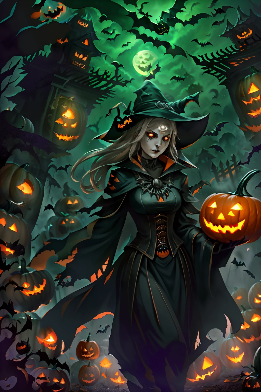 ((Need)), ((tmasterpiece)), (A detailed), (fantasy illustrations:1.3),(halloween night:1.6)，The mysterious aura of ghosts，red - eyed，Meniscus，Red Moon，borgar，(pumpkins:1.5)，Bat close-up，hag， 独奏， Dark black cloak，Great dynamic style injects mystery into the scene，Rich suspense and horror atmosphere。The woman's serious expression conveys a sense of danger and intrigue，Because she sailed through dark and ominous streets，Sinister characters lurking in the shadows，Their menacing presence adds to the suspense。The scene is filled with dramatic lighting，Cast an eerie glow and deep shadows，Create a sense of impending doom and terror。Street chiaroscuro at night，Detailed depiction of branch texture and lanterns，Lanterns hanging from trees，There are flowers on it, shadowy lighting，Background bokeh，Soft lighting, dim murky lights, Spooky lantern lighting，Peaceful and scary atmosphere，Mysterious and dark，Detailed lighting effects，Soft color transitions，Lantern branches are depicted eeriely。Ghosts float in the smoke， Seductive gaze, Mysterious Sky,Moon Night, pastelcolor, (A high resolution:1.2)