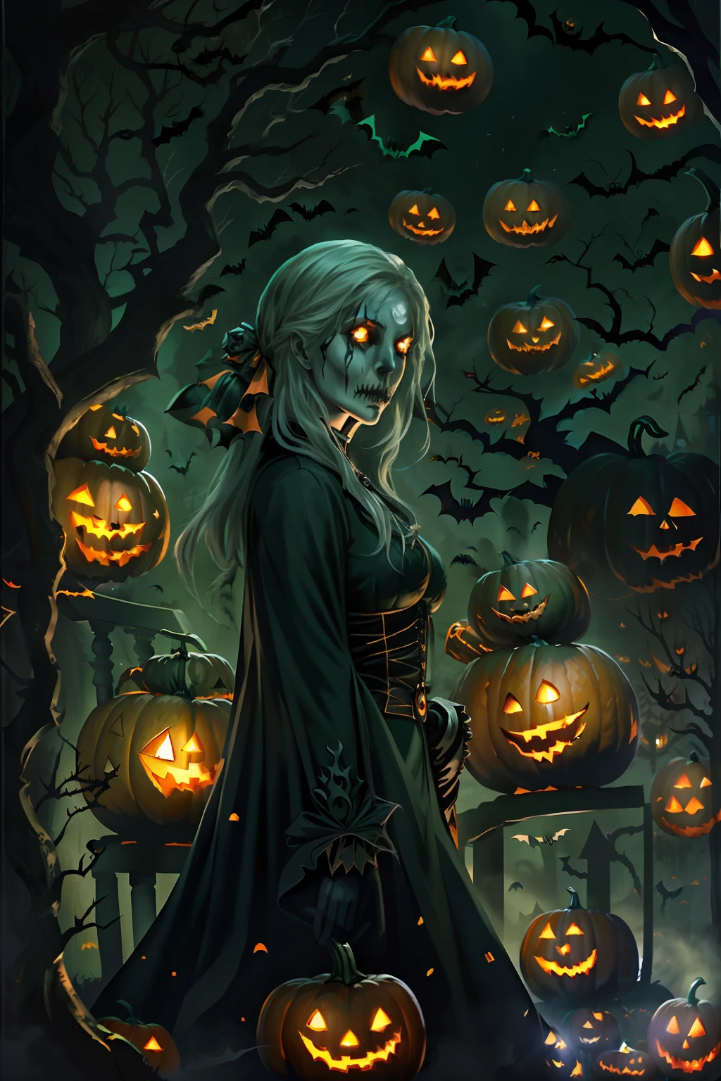 ((Need)), ((tmasterpiece)), (A detailed), (fantasy illustrations:1.3),(halloween night:1.6)，The mysterious aura of ghosts，red - eyed，Meniscus，Red Moon，borgar，(pumpkins:1.5)，Bat close-up，hag， 独奏， Dark black cloak，Great dynamic style injects mystery into the scene，Rich suspense and horror atmosphere。The woman's serious expression conveys a sense of danger and intrigue，Because she sailed through dark and ominous streets，Sinister characters lurking in the shadows，Their menacing presence adds to the suspense。The scene is filled with dramatic lighting，Cast an eerie glow and deep shadows，Create a sense of impending doom and terror。Street chiaroscuro at night，Detailed depiction of branch texture and lanterns，Lanterns hanging from trees，There are flowers on it, shadowy lighting，Background bokeh，Soft lighting, dim murky lights, Spooky lantern lighting，Peaceful and scary atmosphere，Mysterious and dark，Detailed lighting effects，Soft color transitions，Lantern branches are depicted eeriely。Ghosts float in the smoke， Seductive gaze, Mysterious Sky,Moon Night, pastelcolor, (A high resolution:1.2)