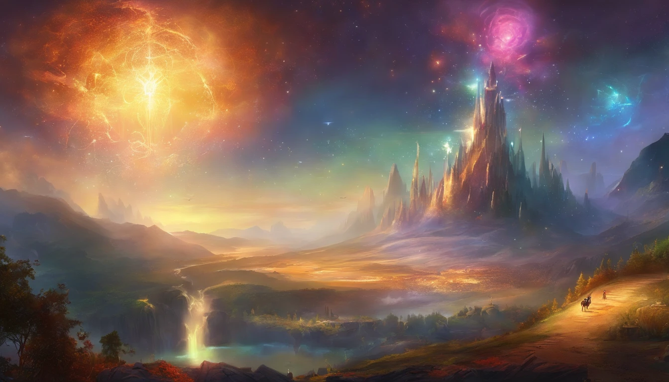 A painting of a mountain with a waterfall and a castle in the distance ...