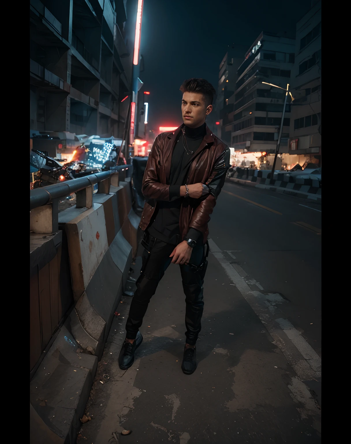 Change background in cyberpunk and realistic face , handsome boy, in-hand gun