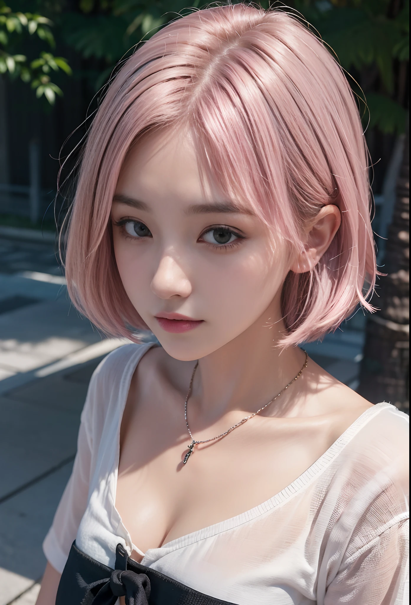 ((Girls at idle level)), masterpiece, The highest image quality, ultra-detailliert, (perfectbody:1.2), (Perfect face+short-hair,dishevled hair), Close up of, Viewer's Perspective, detailed hairs,ssmile、Detailed eyes(realisticeyes),profetional lighting,middlebreast,(Brown eyes),(white shirt),((Pink ash hair color)),ssmile,a necklace,耳Nipple Ring,middlebreasts,(The background is the square under the Tokyo Sky Tree),profetional lighting,dynamic shadow