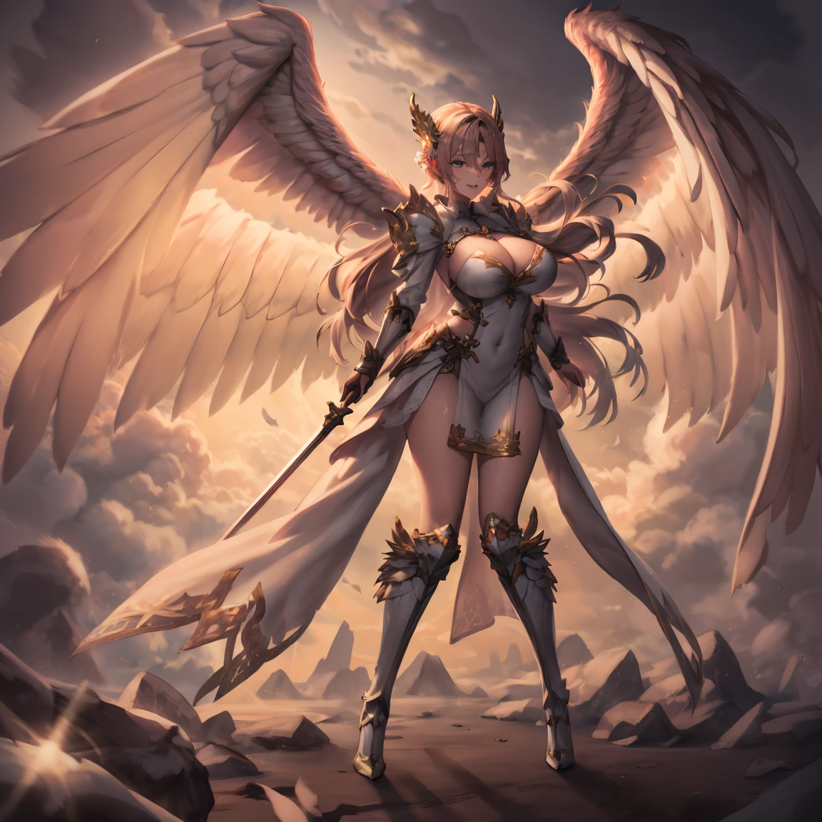 Quality over 8K, a female angel,Sexy,Long Blonde Hair,Anime,Goddess,Symmetrical blue eyes,Ultra detailed eyes,Transparent lingerie,forest,Sword,golden wings,Full body,hyperdetailed lips, hyperdetailed face, Double eyelids, Ultra Detailed feet,で,Beautiful legs,Tight boots,Full Leg Priestess、valkyrie、Angel wings、a navel、sideboob barbosa、with an intricate、Particles of light、thighs thighs thighs thighs、shinny skin、Perfect litthing、1girl in、looking at the viewers、Winged headgear、pelvis curtain、A smile、(​masterpiece)、(top-quality)、Very gigantic-breasts、maternal、Porcelain Skin、honey blonde hair、Very long hair、hair wavy(valkyrie,Paladin:0.6),Angel wings,with an intricate, Perfect Lighting,  Looking at Viewer,(masutepiece), (Best Quality)(valkyrie,Paladin:0.6),Angel wings,with an intricate, Perfect Lighting,  Looking at Viewer,(masutepiece), (Best Quality)(ValkyrieArmor:0.5),(Winged headgear:1.1),School Girl,,with an intricate, Perfect Lighting, 1girl in, Ponytail, Looking at Viewer, Smile, snulight,creek,blazing(masutepiece), (Best Quality),thighs thighs thighs thighs 、a beauty girl，red color mecha，As graceful as a swan，Enchanting，Long grey hair，Red body，Fluorescence line，White hands，lab room，FutureTech，Red indicator light on the body，Full body photo，standing on your feet，dreamy scene，，dyna，super detailing，Cell shade，8K detail post-processing，magnifica，hyperphotorealism，8K，epic composition，intricate-detail，unrealengine，Flying，Laser Cannon，Holy Angel Mecha，Mechanical exoskeleton，whaite hair，golden pupils，flower  sea，Eventide，Angel Maiden，Angel wings，White long skirt，war，Top quality combat stance, 4K, masutepiece :1.3), short petite pretty woman, Blue-haired、Curly hair、length hair、Colossal tits、 Ultra-detailed face、maid clothes、Detailed eyes, sluttish, Pose Seductive,  Smooth skin, (huge-breasted), Round breasts、red blush。kawaii、Shy、1 Crying face、nightcity、Sateen、Kimono without sleeves、A dark-haired、Holding a weapon with blood on it、Looking at the camera、Cherry blossoms are d