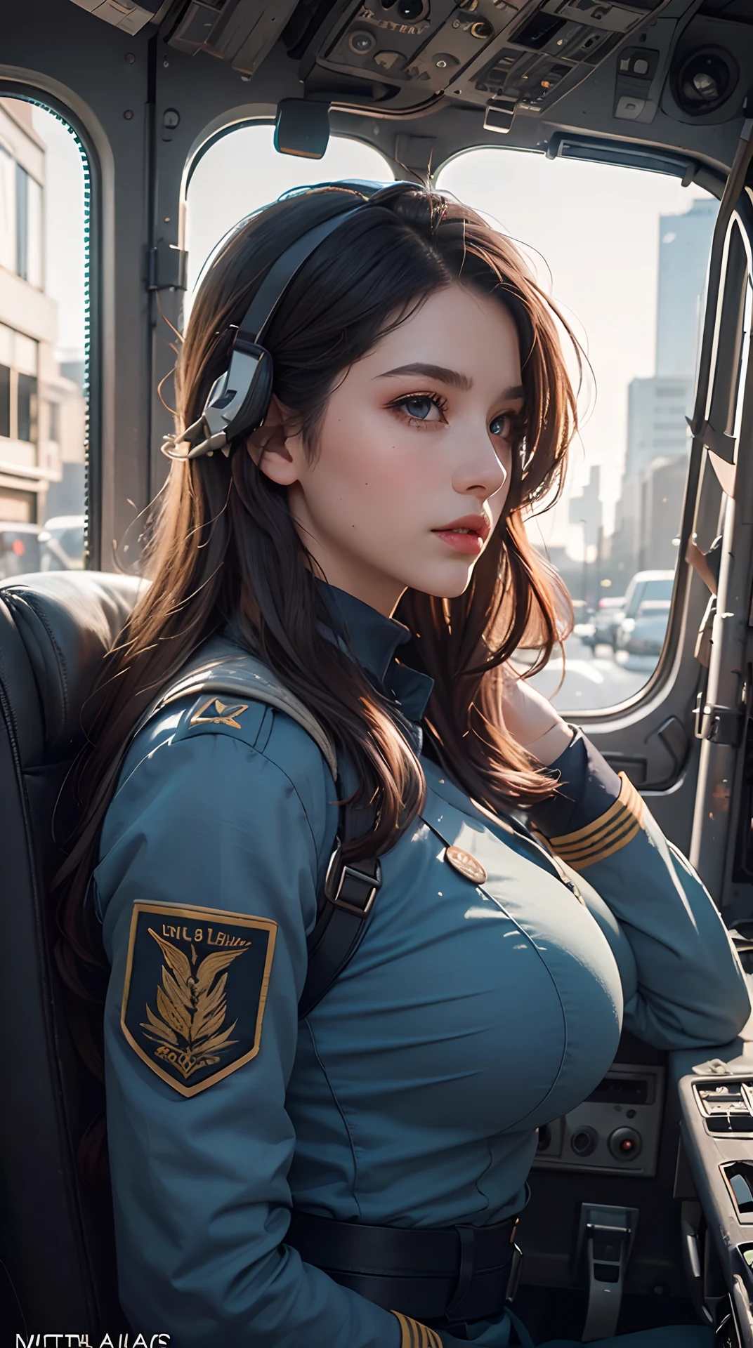 (best quality,4k,8k,highres,masterpiece:1.2), ultra-detailed, (realistic,photorealistic,photo-realistic:1.37), (beautiful detailed eyes, beautiful detailed lips, extremely detailed eyes and face, long eyelashes), studio lighting,physically-based rendering,vivid colors, (big tits, super big tits, super extra big tits), (pilot's uniform:1.5), (portrait, profile:1.5),