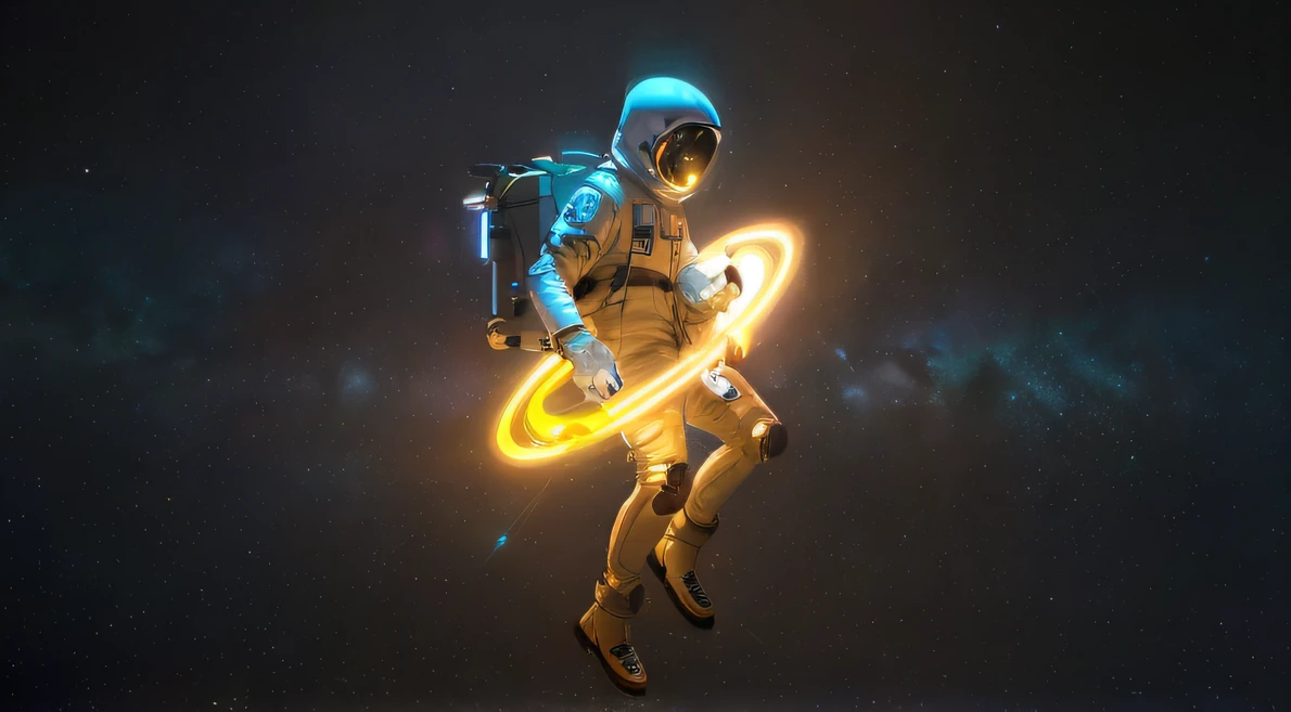 arafed astronaut with a glowing hula hoop in his hand, glowing spacesuit, astronaut cyberpunk electric, futuristic astronaut, astronaut lost in liminal space, portal in space, led detailed spacesuit, astronaut, spacesuit, portal to outer space, floating through space, space travel, flying in space, astronaut floating in space, creepy astronaut, floating in space