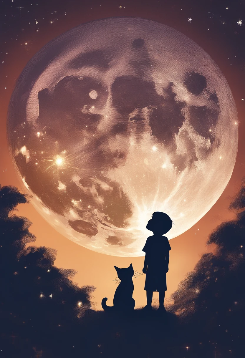 Full moon sky、nigh sky、Boy looking up at the sky，hold a cat