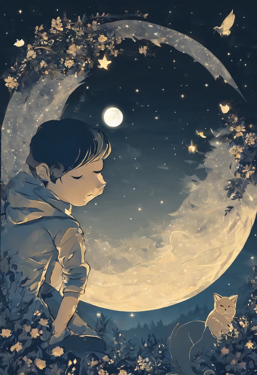 Full moon sky、nigh sky、Boy looking up at the sky，hold a cat