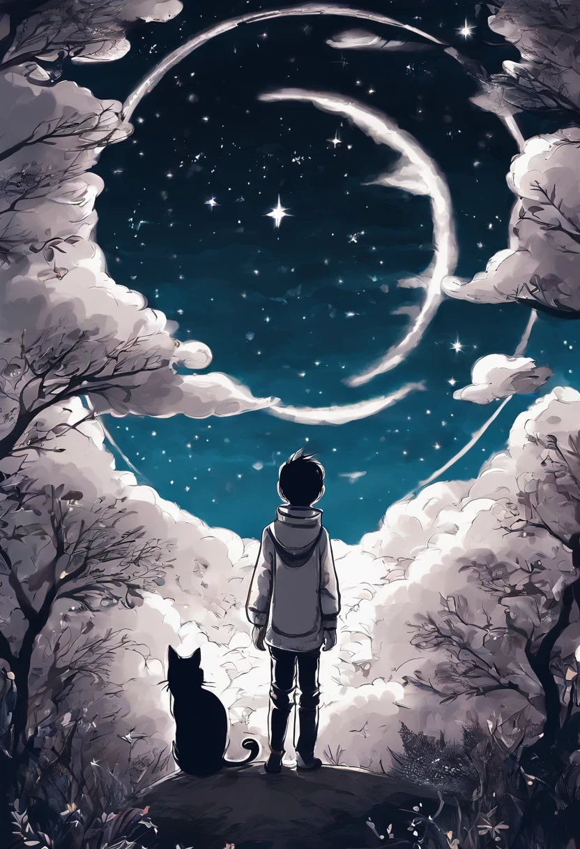 Full moon sky、nigh sky、Boy looking up at the sky,hold a cat