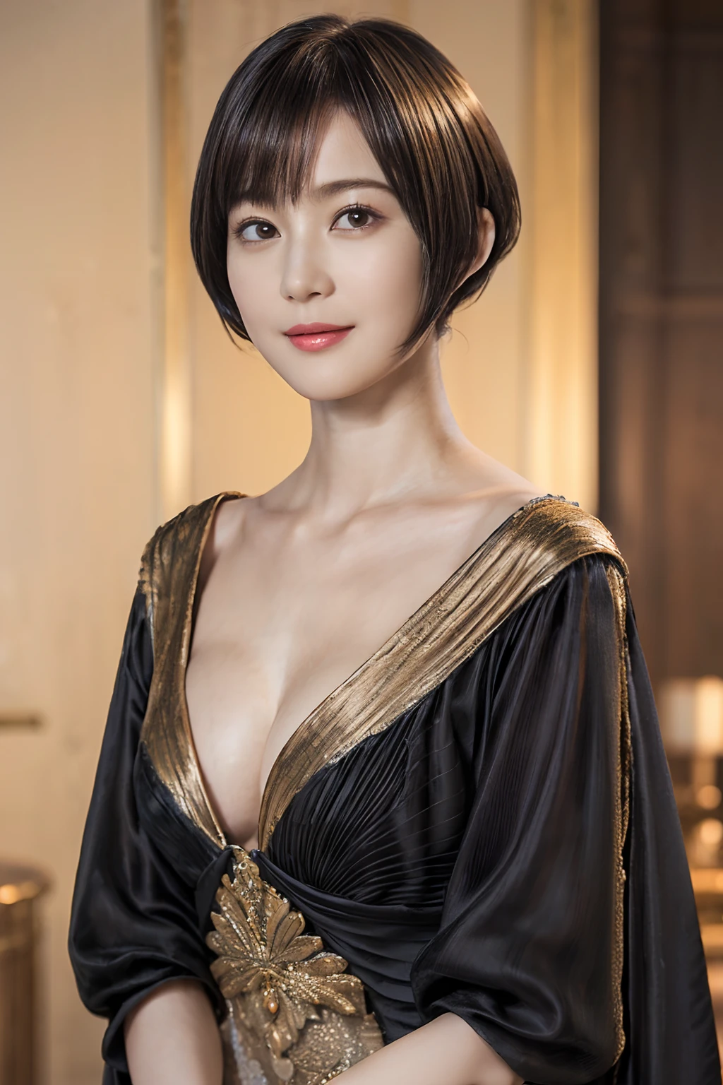 76
(20-year-old princess,is standing), (A hyper-realistic), (masutepiece), ((short-hair:1.46)), (Smooth black hair), (Breast:1.0), (kindly smile:0.9), (Luxurious dresses:1.46), Majestic Palace, Orange Lipstick