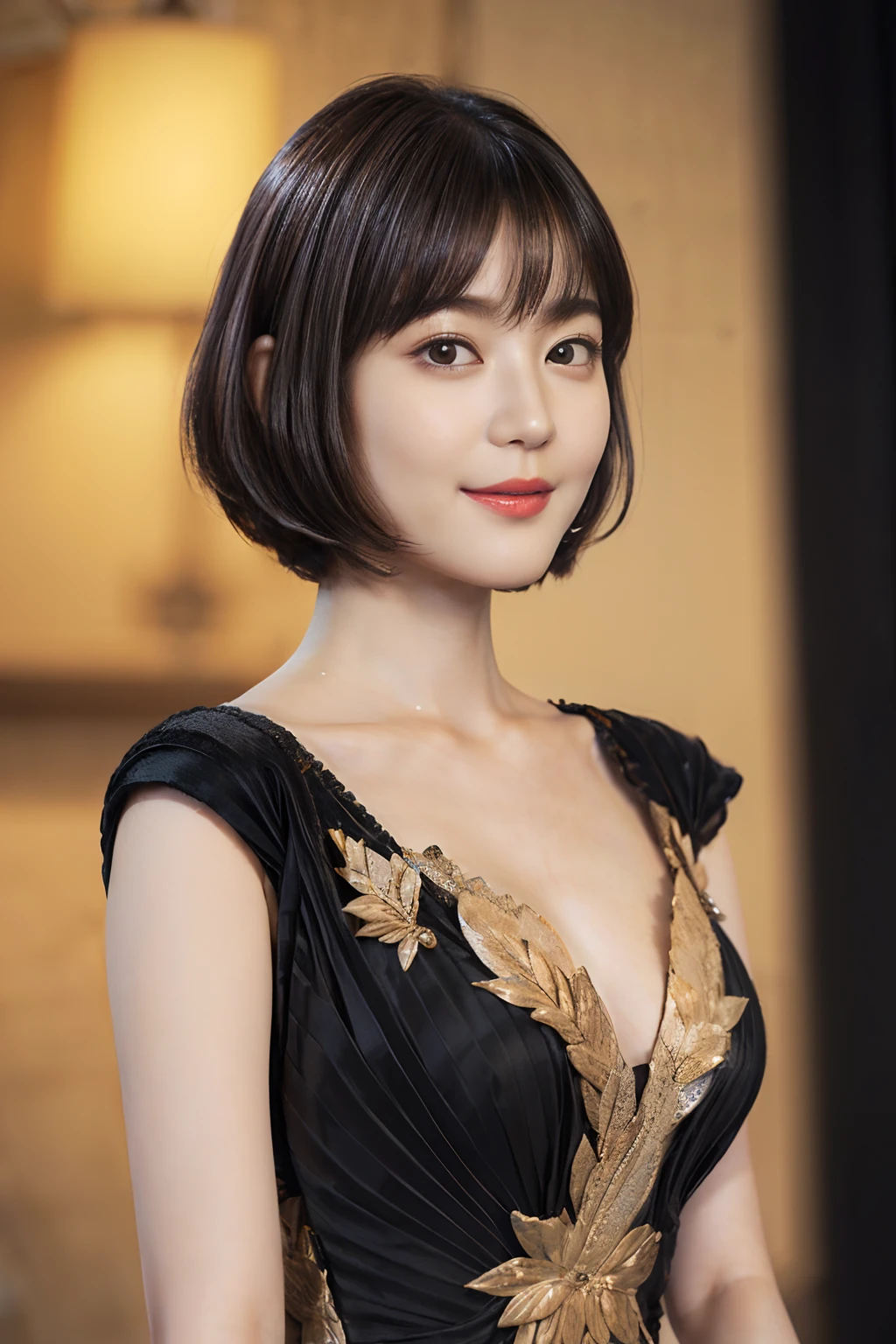 76
(20-year-old princess,is standing), (A hyper-realistic), (masutepiece), ((short-hair:1.46)), (Smooth black hair), (Breast:1.0), (kindly smile:0.9), (Luxurious dresses:1.46), Majestic Palace, Orange Lipstick