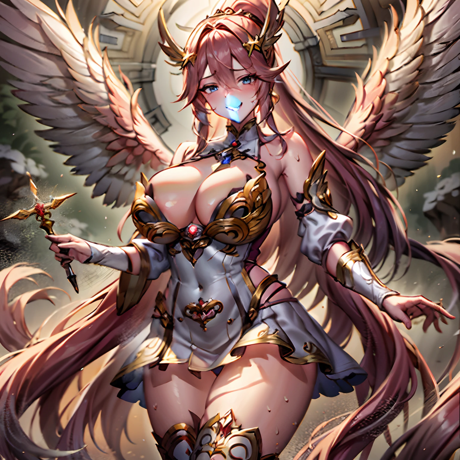 Quality over 8K, a female angel,Sexy,Long Blonde Hair,Anime,Goddess,Symmetrical blue eyes,Ultra detailed eyes,Transparent lingerie,forest,Sword,golden wings,Full body,hyperdetailed lips, hyperdetailed face, Double eyelids, Ultra Detailed feet,で,Beautiful legs,Tight boots,Full Leg Priestess、valkyrie、Angel wings、a navel、sideboob barbosa、with an intricate、Particles of light、thighs thighs thighs thighs、shinny skin、Perfect litthing、1girl in、looking at the viewers、Winged headgear、pelvis curtain、A smile、(​masterpiece)、(top-quality)、Very gigantic-breasts、maternal、Porcelain Skin、honey blonde hair、Very long hair、hair wavy(valkyrie,Paladin:0.6),Angel wings,with an intricate, Perfect Lighting,  Looking at Viewer,(masutepiece), (Best Quality)(valkyrie,Paladin:0.6),Angel wings,with an intricate, Perfect Lighting,  Looking at Viewer,(masutepiece), (Best Quality)(ValkyrieArmor:0.5),(Winged headgear:1.1),School Girl,,with an intricate, Perfect Lighting, 1girl in, Ponytail, Looking at Viewer, Smile, snulight,creek,blazing(masutepiece), (Best Quality),thighs thighs thighs thighs 、a beauty girl，red color mecha，As graceful as a swan，Enchanting，Long grey hair，Red body，Fluorescence line，White hands，lab room，FutureTech，Red indicator light on the body，Full body photo，standing on your feet，dreamy scene，，dyna，super detailing，Cell shade，8K detail post-processing，magnifica，hyperphotorealism，8K，epic composition，intricate-detail，unrealengine，Flying，Laser Cannon，Holy Angel Mecha，Mechanical exoskeleton，whaite hair，golden pupils，flower  sea，Eventide，Angel Maiden，Angel wings，White long skirt，war，Top quality combat stance, 4K, masutepiece :1.3), short petite pretty woman, Blue-haired、Curly hair、length hair、Colossal tits、 Ultra-detailed face、maid clothes、Detailed eyes, sluttish, Pose Seductive,  Smooth skin, (huge-breasted), Round breasts、red blush。kawaii、Shy、1 Crying face、nightcity、Sateen、Kimono without sleeves、A dark-haired、Holding a weapon with blood on it、Looking at the camera、Cherry blossoms are d