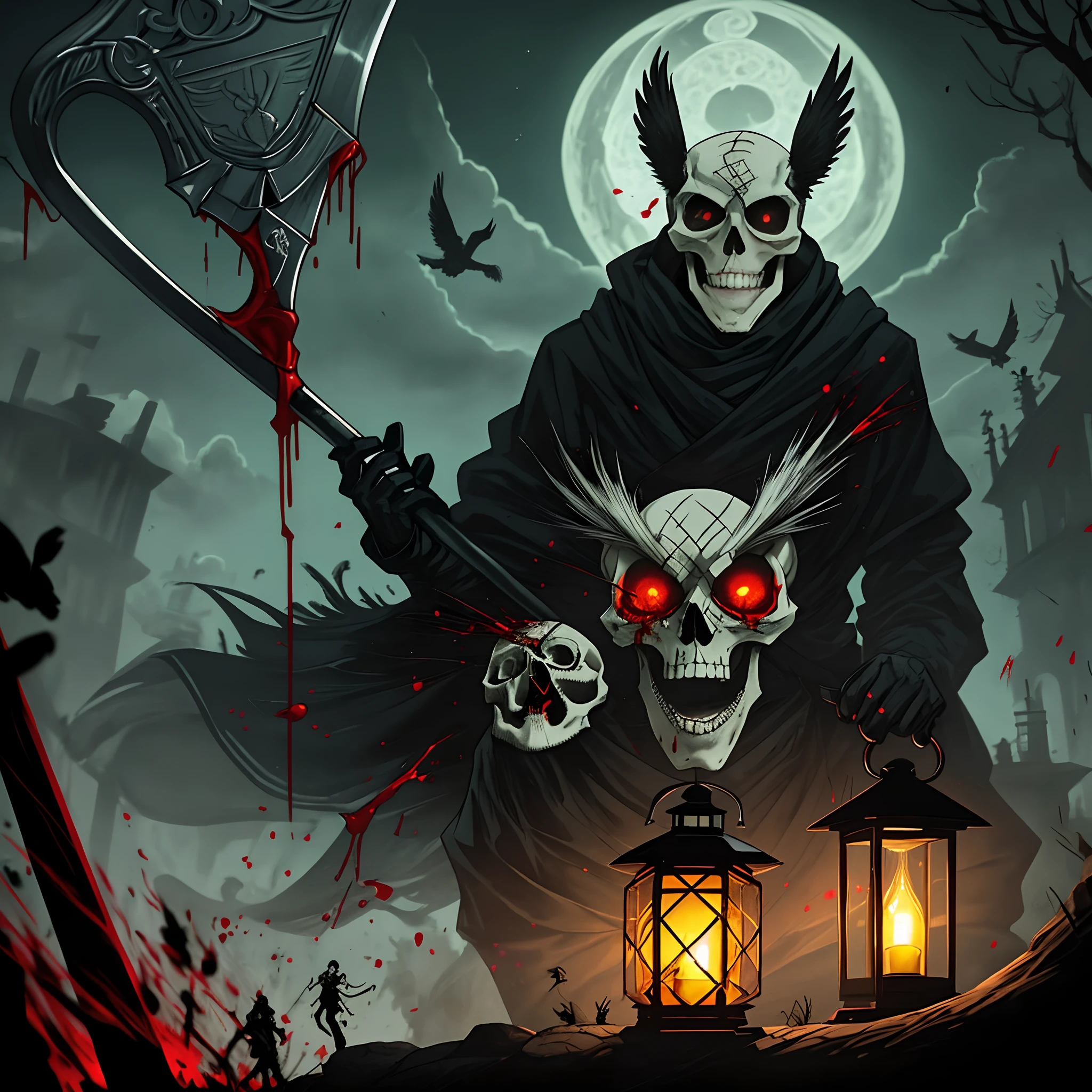 scary shinigami smiling bloody, face covered with bandage, with a scythe, in a hand a blood soking skull and in another hand a lantern, Riding on a owl covered with blood