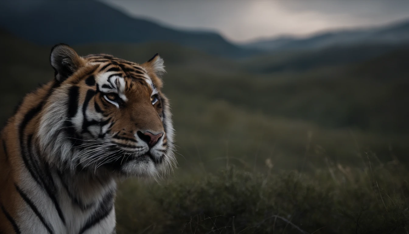 Night, gray mountains, angry tiger