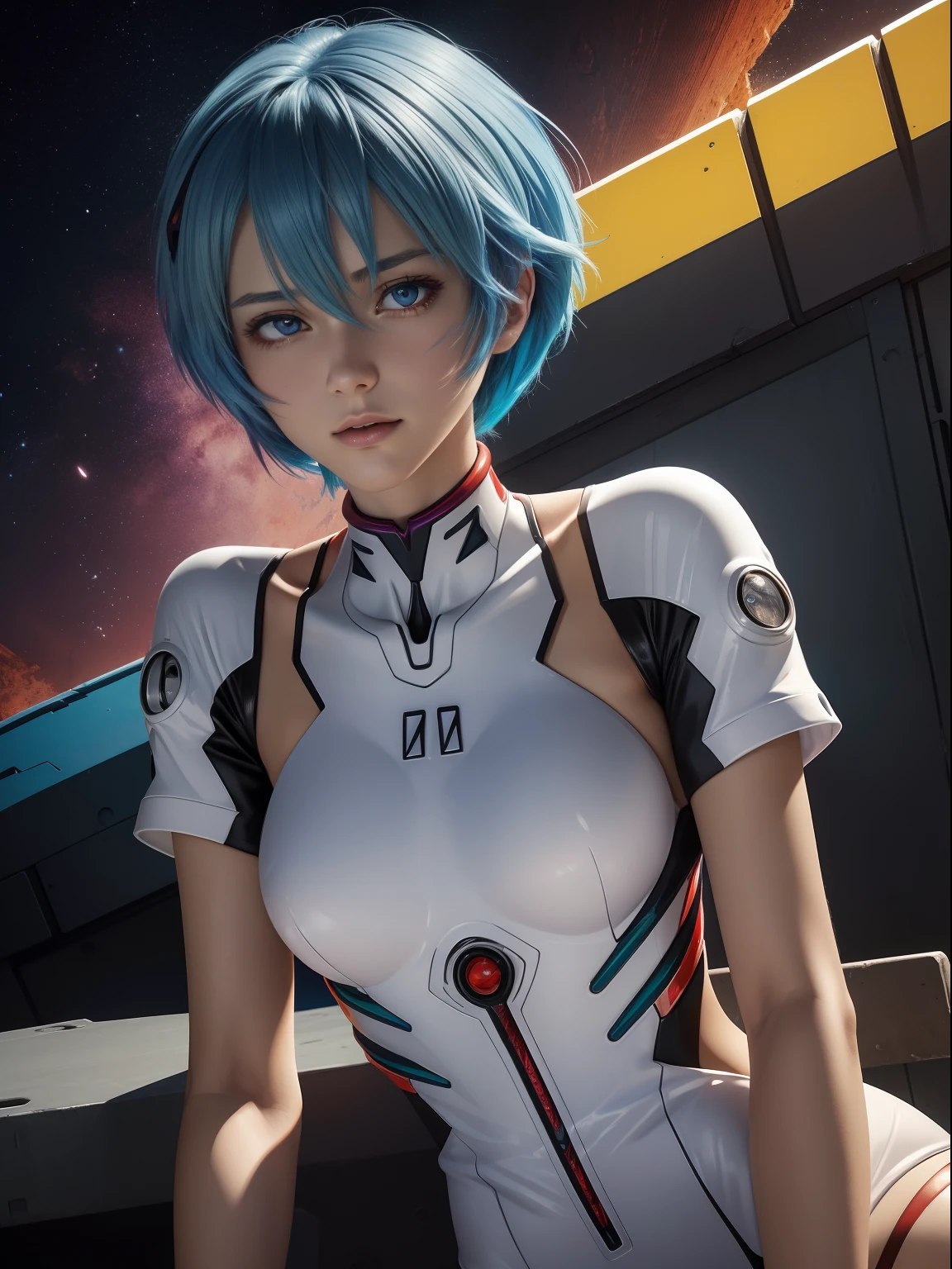 (Best Quality, masutepiece, Colorful, Dynamic Angle, highest details)(Rei Ayanami), Cowboy style, Fashion photo of a girl with flirting blue bob hair (Rei Ayanami), Detailed red eyes, Description Evangelion's White Suit (high resolution texture), in a dynamic pose, Bokeh, (Intricate details, hyperdetails:1.15), Detailed, sunlight passing through hair, Colorful splash art background, (High contrast, Evangelion New Theatrical Version Official Art, ighly detailed, highest details),