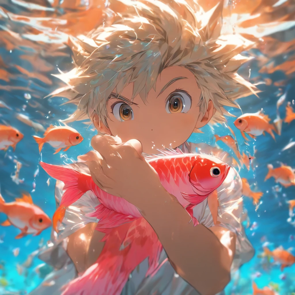 (Best quality,4K,8K,A high resolution,Masterpiece:1.2),Ultra-detailed, Inside a glass enclosure is a cute little pink fish，A little boy holds a glass cover in his hand and looks at the pink fish with his face against the glass cover，Background sandy beach，The background is blurred out，