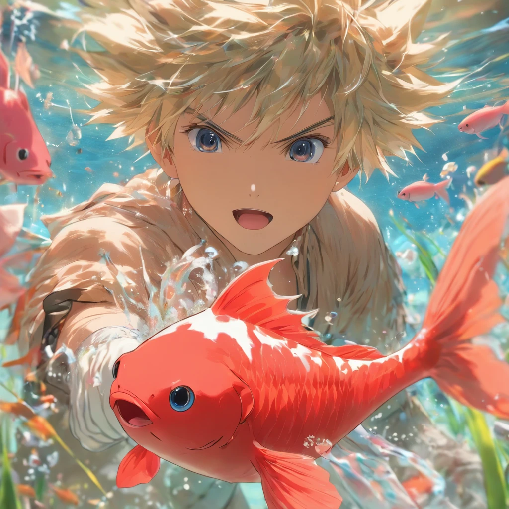 (Best quality,4K,8K,A high resolution,Masterpiece:1.2),Ultra-detailed, Inside the glass case is a cute little pink fish，with short white hair，A breeze breaks the lid，A little boy holds a glass cover in his hand，Leaning his face against the glass cover and looking at the pink fish，Background sandy beach，The background is blurred out，