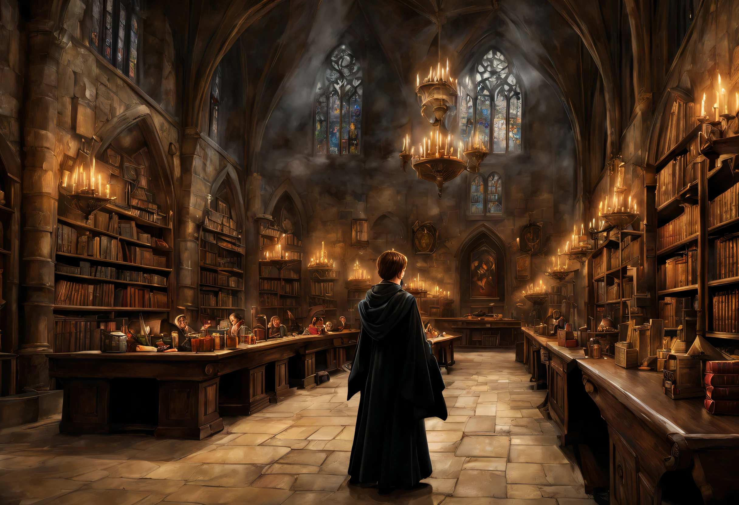 (best quality,highres),(realistic:1.37),Harry Potter inside Hogwarts Academy,portrait,magic,students,cloak,candles,dark corridors,great hall,moving staircases,sorting hat,quidditch match,wizarding world,spells,potions,classrooms,library,wand,quill,owl,hedwig,Great Lake,invisible cloak,professors,secret passages,mysterious,enchanted paintings,gryffindor,slytherin,ravenclaw,hufflepuff,common room,dumbledore,hermione,ron,quidditch pitch,great hall feast,wand movements,care of magical creatures,defense against the dark arts,charms class,transfiguration,divination,class schedule,enchanted objects,marauder's map,magic wand,broomstick,quaffle,bludger,snitch,seeker,butterbeer,triwizard tournament.