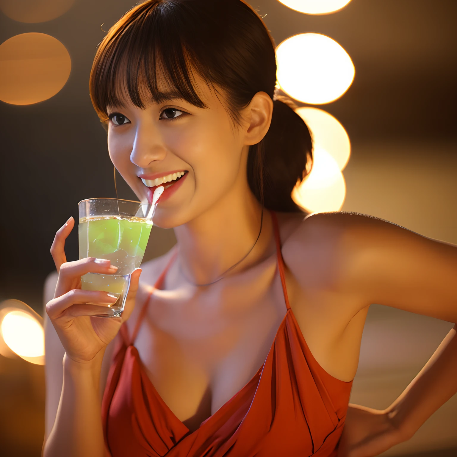((Girl drinking a drink at the pool at night:1.3)), (High resolution:1.3), (16K, Realistic, RAW Photos, Best image quality: 1.4), Japanese, (One Girl), Beautiful Face, (Lively Faces), (Black-haired、short hair:1.3), Beautiful Hairstyles, Realistic eyes, Beautiful and exquisite, (Realistic Skin), Beautiful skins, charm, High detail, Golden Ratio, Highly detailed cute girl,(20-year-old), Nipples