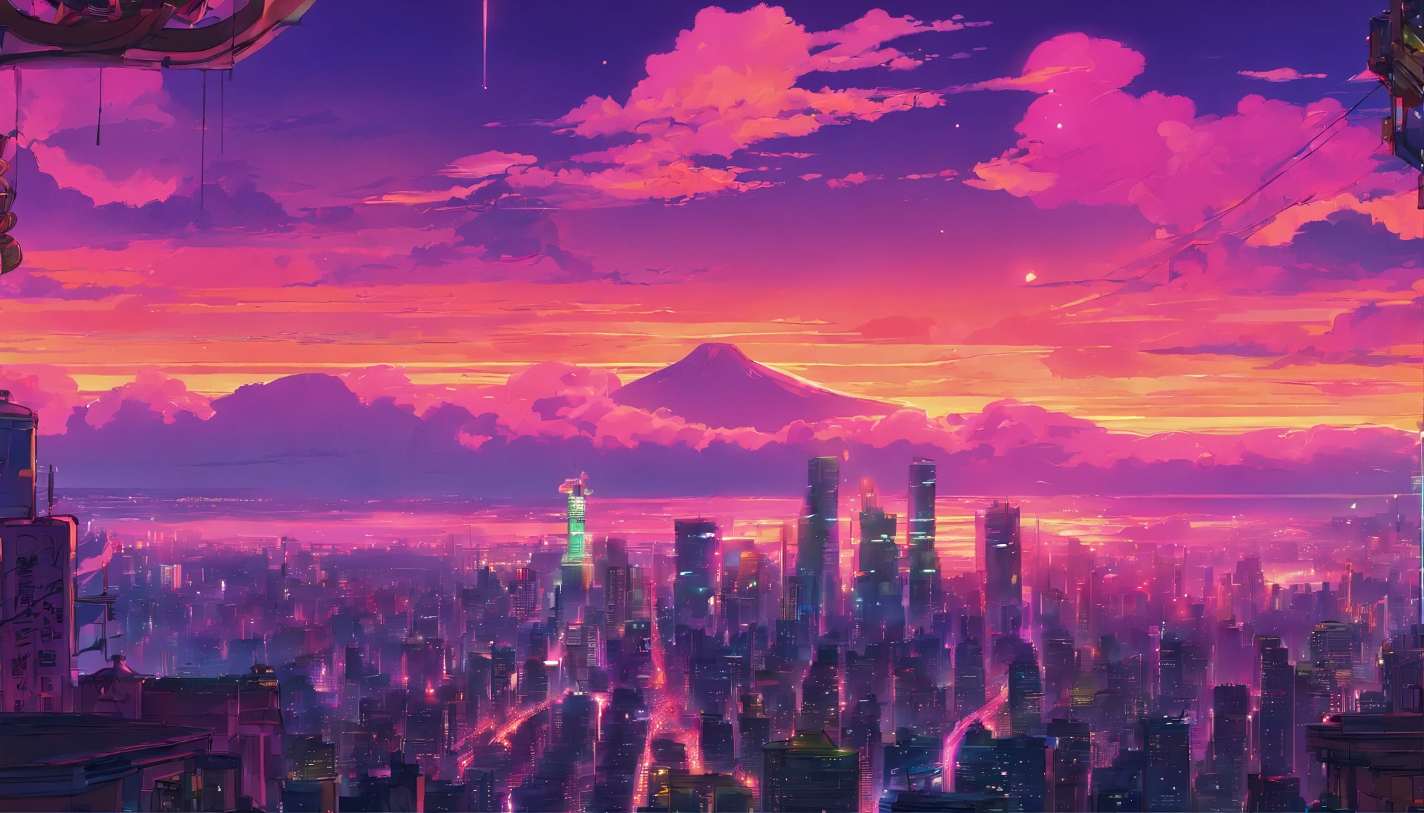 Close-up of the city with neon sunset in the background, Synthwave City, vaporwave city, Synthwave aesthetics, Neon City in the background, Background of Neo Tokyo, Neon metropolis in the background, Futuristic urban background, cyberpunk aesthetics, The city's backstory is cyberpunk, Purple Cyberpunk City, cyberpunk city background, cyberpunk aesthetics, cyberpunk atmosphere, Cyberpunk cityscape,anime clouds, Anime background, anime sky, in style of makoto shinkai, Beautiful puffy clouds. the anime, style of makoto shinkai, makoto sinkai!, beautiful anime scenery, based on Makoto Shinkai, Anime Landscape Wallpaper, makoto sinkai!!, Makoto Shinkai art style,japanaese girl,pale skin,beatiful face(purple hair)red jacket,Tokyo at night, with Cyberpunk style,Japanese streetwear,Tokyo Fashion,In a Cyberpunk 2 jacket 0 7 7,Full-length,attractive pose,Bottom view