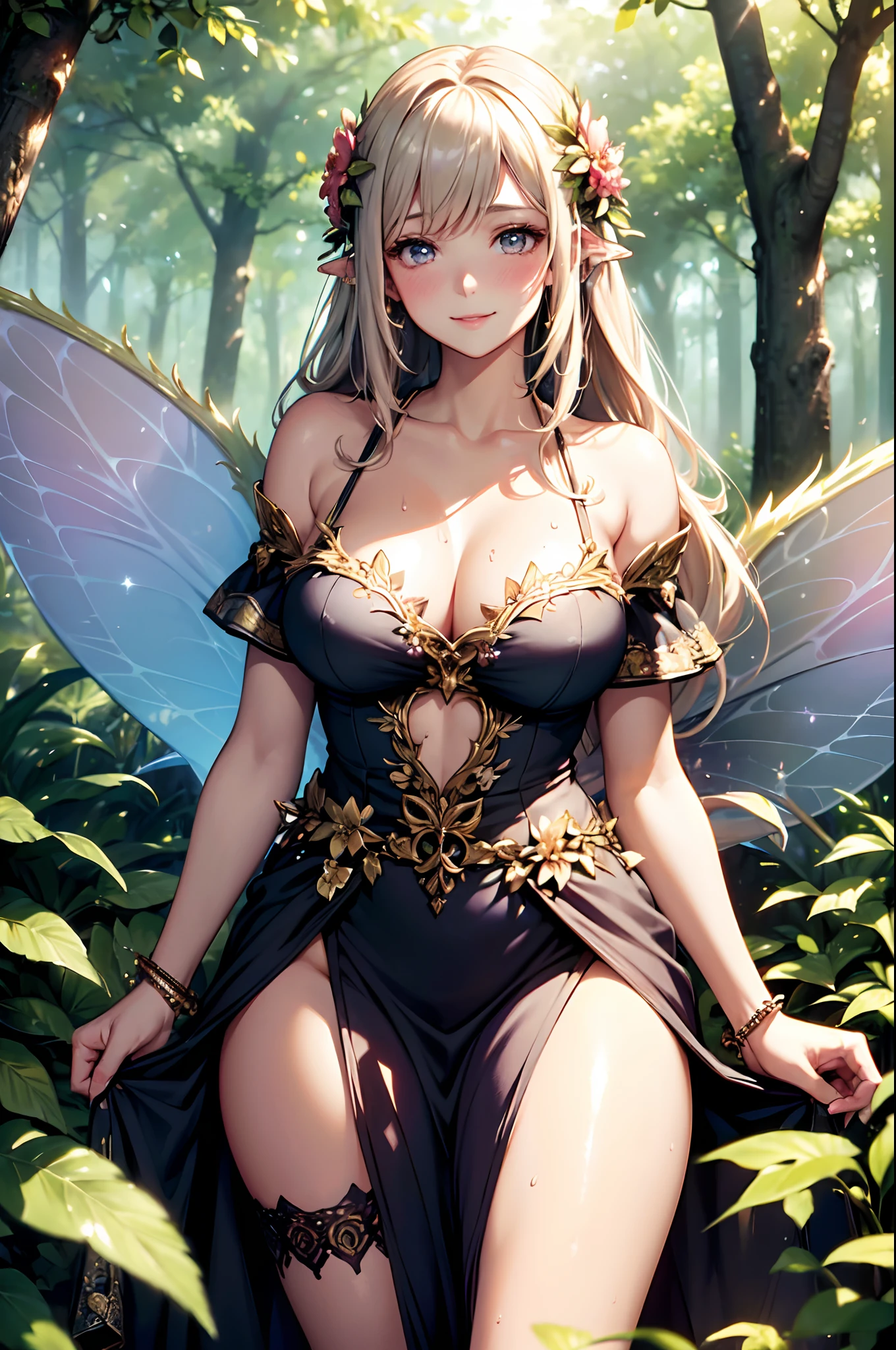 (High quality,High resolution,Fine details),Realistic,(Very large wings,Fairy,floral decorations),Fantasy World,Forest,Sunlight through trees,solo,Adult Woman,sparkling eyes,smile,blush,Large breasts,Sweat,Oily skin,Fantastic,Fog,Soft tones