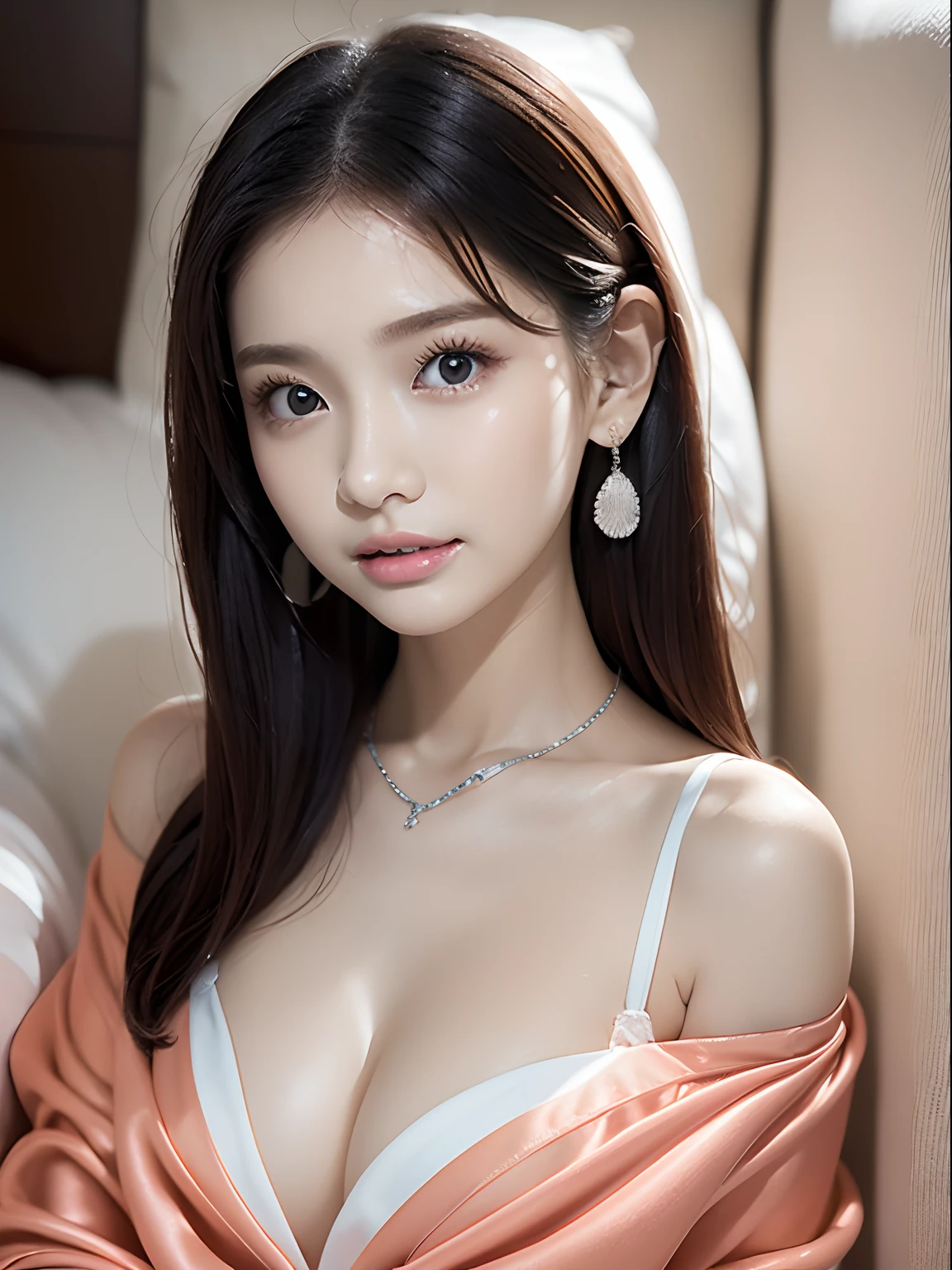 ((8K, top-quality, ​masterpiece, 超A high resolution, Photorealsitic:1.4,)), 1girl in:1.5, Highly detailed facial and skin texture:1.5, morning sunlight, Lie down in bed and sleep:2.5, My hair is wet after taking a bath, (((Coral pink sheer silk pajamas that don't fit my size:1.6, off shoulders, Fenimine))), ((Kamimei, only face)), looking at viewert, ((Extremely cute face:1.5, a small face, Cute Beautiful Girl:1.5)), (Cute attitude:1.3, Pure and innocent expression:1.8), Beautiful girl who is too beautiful, slender, Sense of clarity:1.4, Extremely beautiful face, Beautiful lips, beautidful eyes, big eye, shinny skin, fair white skin:1.3, 二重まぶた, Beautiful collarbone, Cute earlobes, Wet medium layer wet brown hair, Splash outside, (Well-shaped big:1.2, Do not show areola, Open valley, Chest close), Silver necklace and silver earrings, Cute and sexy