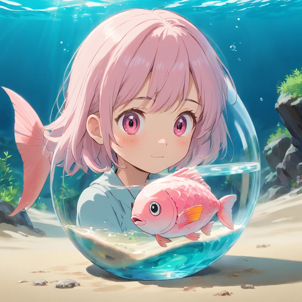 (Best quality,4K,8K,A high resolution,Masterpiece:1.2),Ultra-detailed, Inside the glass case is a cute little pink fish,with short white hair,A breeze breaks the lid,A little boy holds a glass cover in his hand,Leaning his face against the glass cover and looking at the pink fish,Background sandy beach,The background is blurred out,