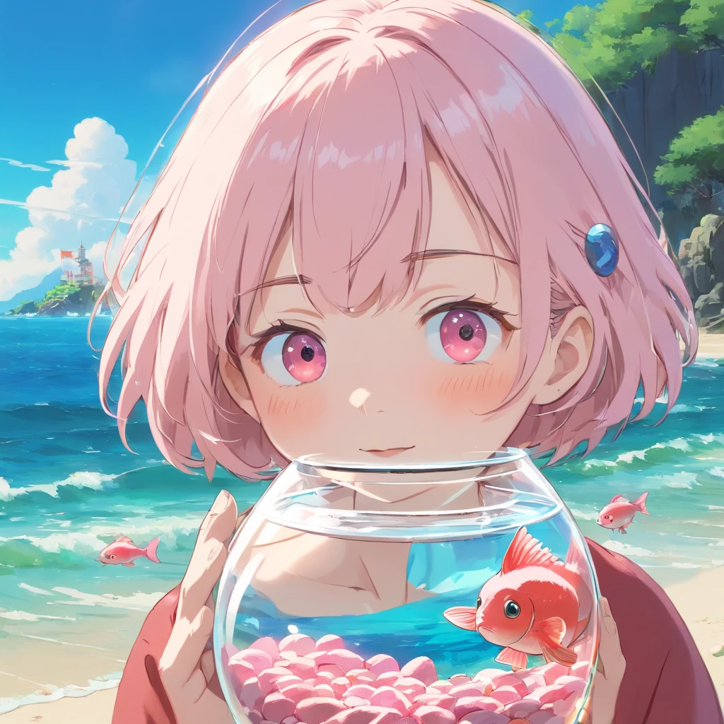 (Best quality,4K,8K,A high resolution,Masterpiece:1.2),Ultra-detailed, Inside the glass case is a cute little pink fish，with short white hair，A breeze breaks the lid，A little boy holds a glass cover in his hand，Leaning his face against the glass cover and looking at the pink fish，Background sandy beach，The background is blurred out，