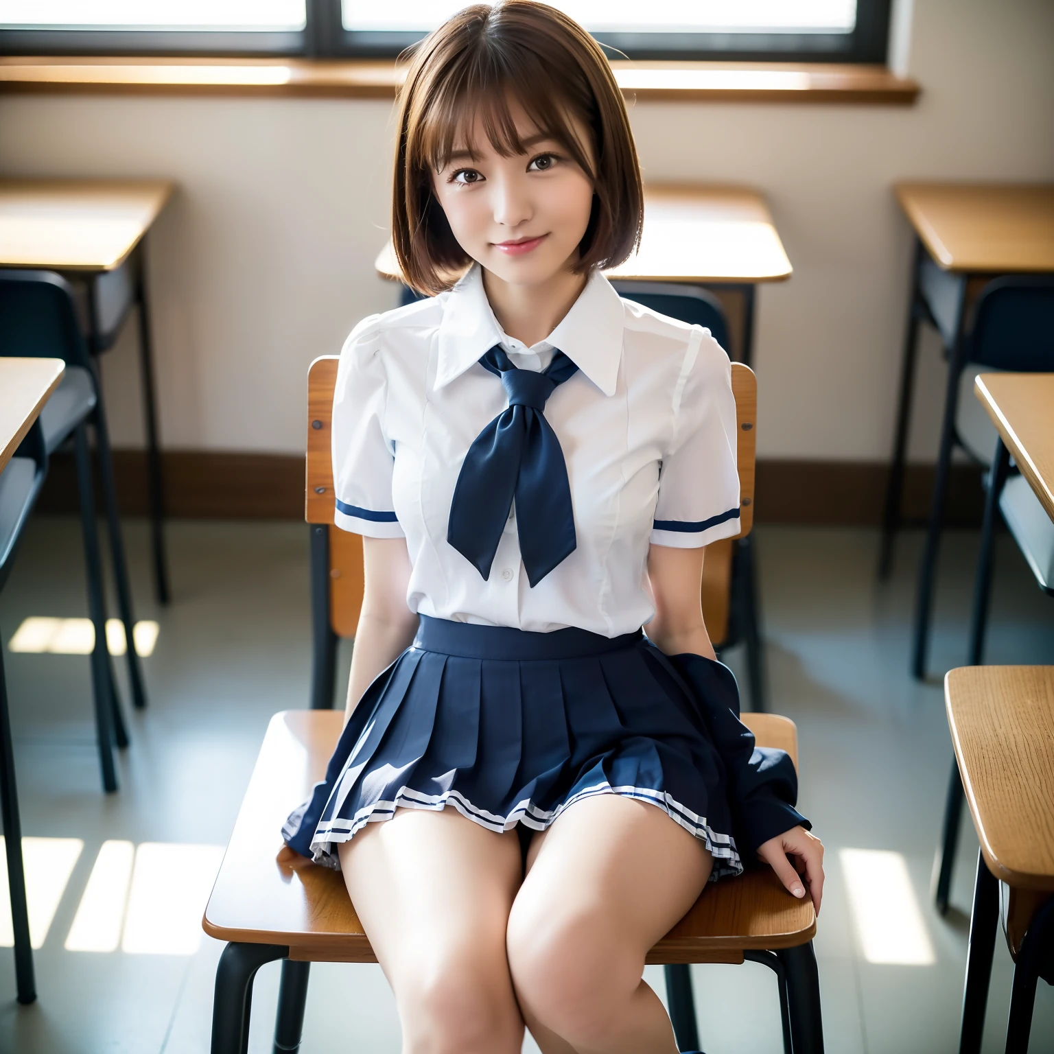 Woman in school uniform leaning on chair, (1.2 (1 Japan schoolgirl posing), Japan school uniform, Japan school uniform, Japan girl uniform, cute schoolgirl, school girl, school uniform, summer clothes, in school classroom, in classroom ((realistic light, top quality, 8K, masterpiece: 1.3)), 1 girl, Japan woman, slim beautyAbs: 1.4, Abs: 1.1, (brown hair, middle breast: 1.3), (brown hair, middle breasts: 1.3), super beautiful face, delicate eyes, double eyelids, smile, short cut, short hair, fair skin, big, long lashes, (Pure white underwear 1.2)), ((Navy blue socks 1.2)), 1 girl, ((white short-sleeved blouse 1.2)), (schoolgirl wearing navy blue socks 1.2)), gingham check pleated skirt, Thin thighs, arms behind back, ((Normal Japan schoolgirl uniform 1.2)), ((Legs spread pose 1.3)), solo, two thin legs, full body photo