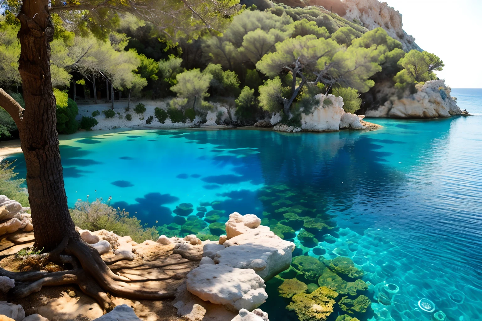 There is a large pond with a tree on the side, brook, Landscapes of the Mediterranean islands, Costa Blanca, Turquoise water, Croatian Coast, Blue Waters, Crystal clear blue water, Azure blue water, Beautifull, beautiful image, Cyprus, Sparkling Bay, A beautiful place, Over the Lanque, crystal clear water, Clear blue water, incredibly beautiful