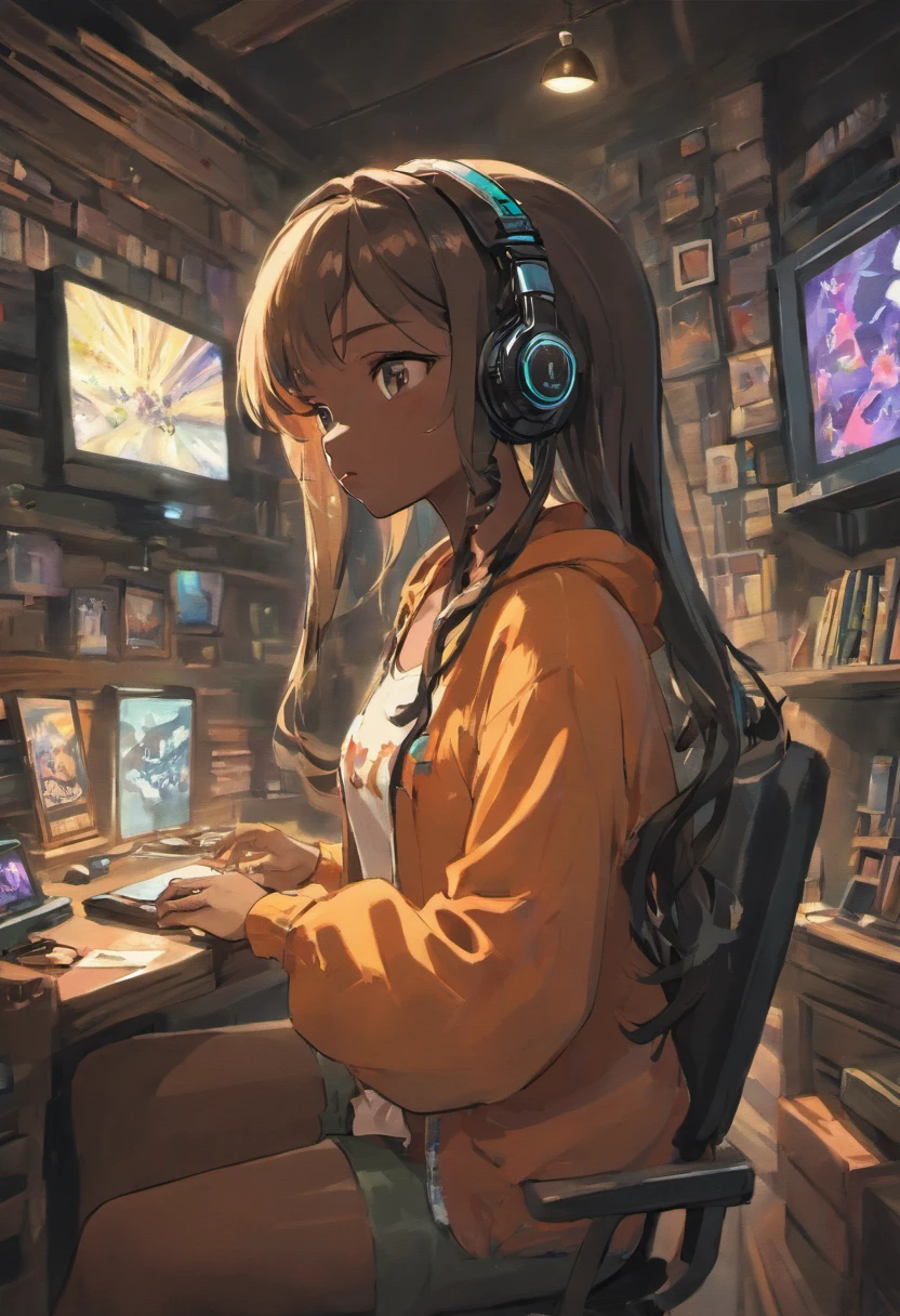 black girl with braids wearing a gaming headset. she’s playing a game on her gaming pc. her room is cozy with lots of books and plants. studio ghibli anime art style.