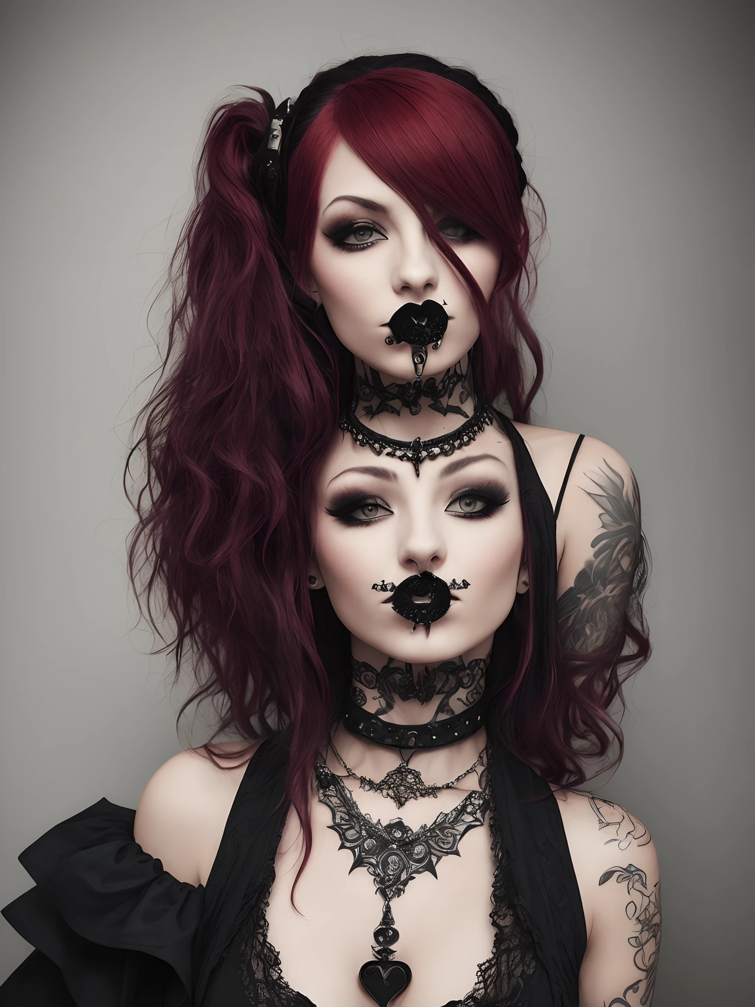 Goth with mouth piercings, red hair and tattoos on her body and neck embraced with gothic, thinning beard, hair with bun