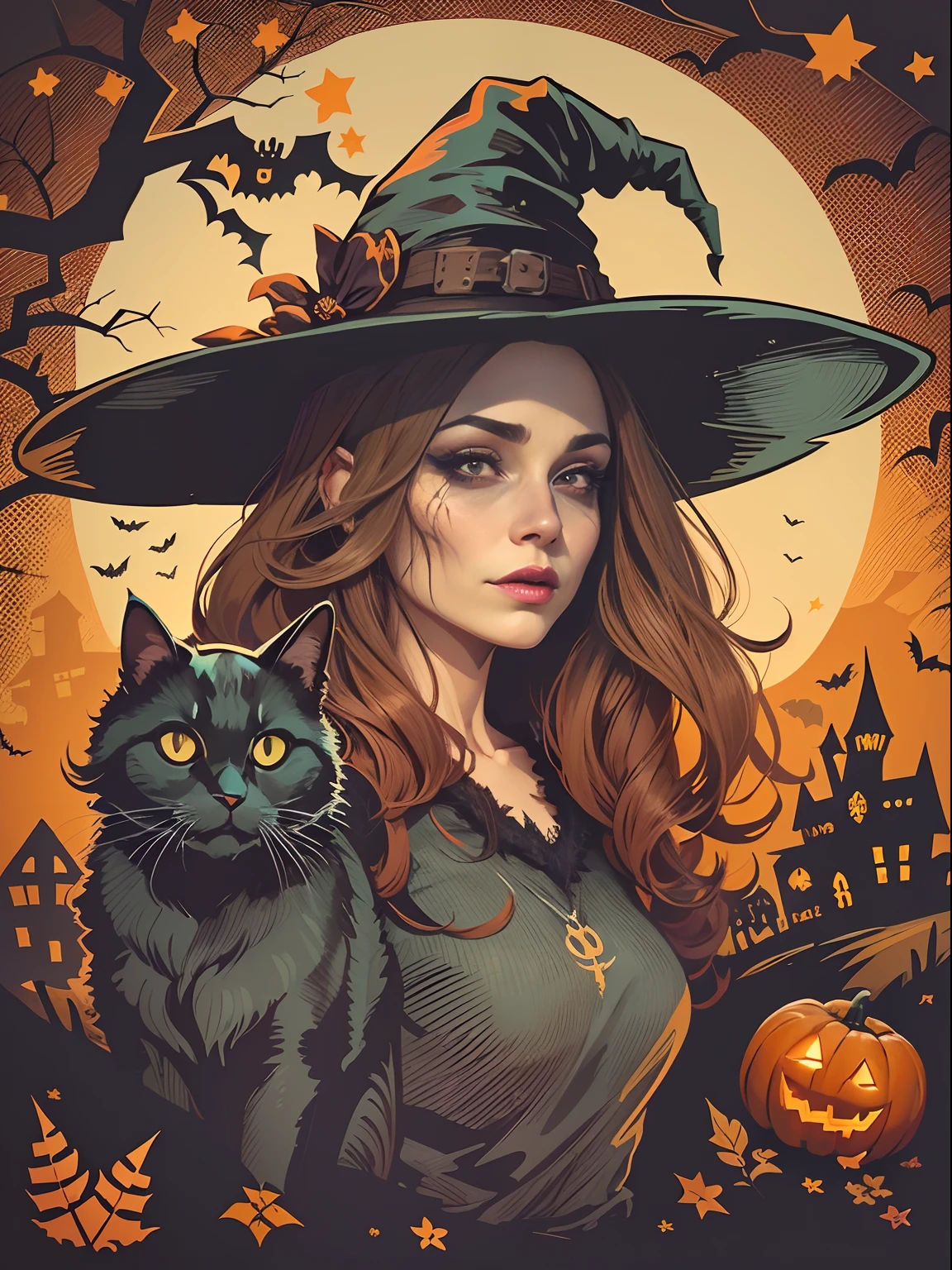 High quality design vector style image, T-shirt print style, Halloween style witch graphic art on white background, Bright, lifelike colors, An old-fashioned witch with a pointed hat, Warts on the nose,There is a black cat next to it, Halloween costume style landscape