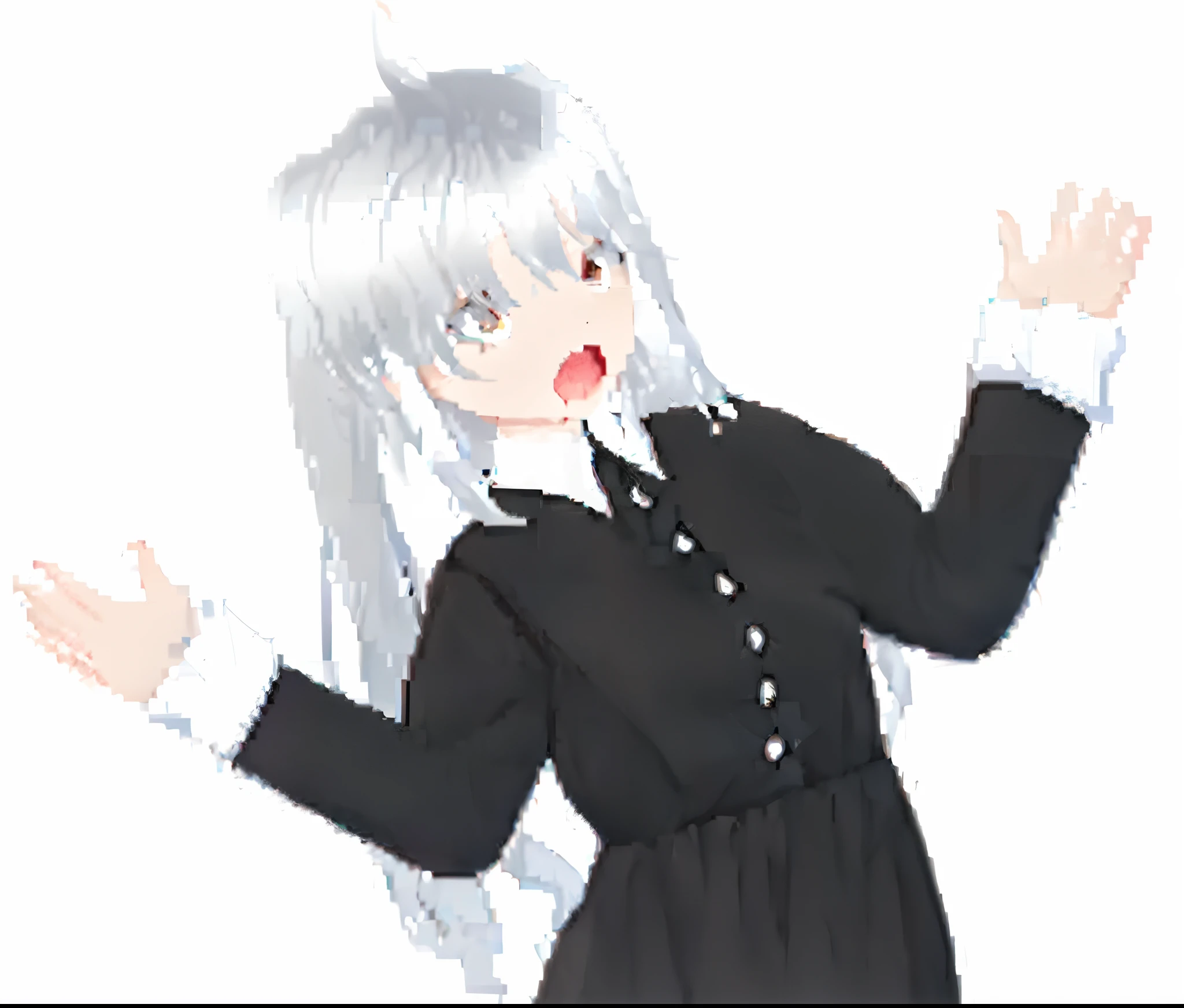 Anime girl in black dress with white collar and white shirt, nyaruko-san, white hair floating in air, white haired god, shikamimi, ueshiba riichi, anime girl wearing a black dress, senko-san, silver hair girl, Anime Character, visual novel sprite, white hair, 2 b, 2b, Lori