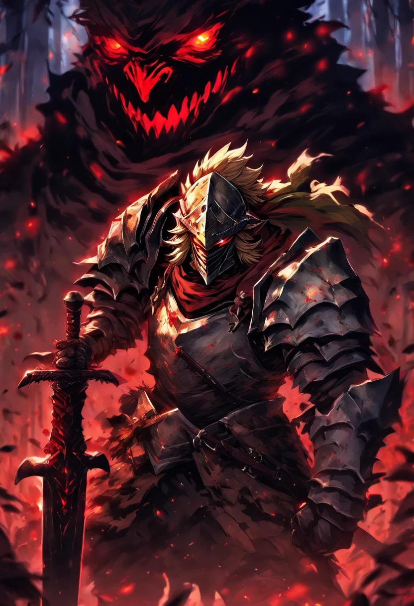 Illustrator Goblin Slayer holding the guard in the left hand and holding the sword in the right hand, the left eye glows red, against ogres