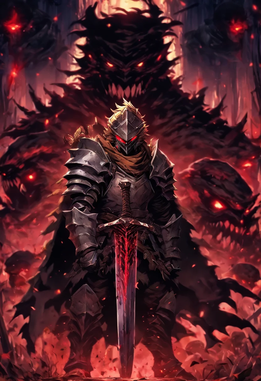 Illustrator Goblin Slayer holding the guard in the left hand and holding the sword in the right hand, the left eye glows red, against ogres