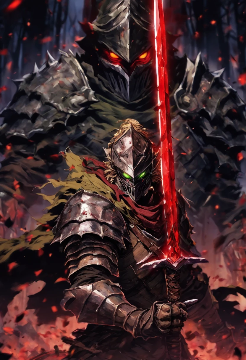 Illustrator Goblin Slayer holding the guard in the left hand and holding the sword in the right hand, the left eye glows red, against ogres