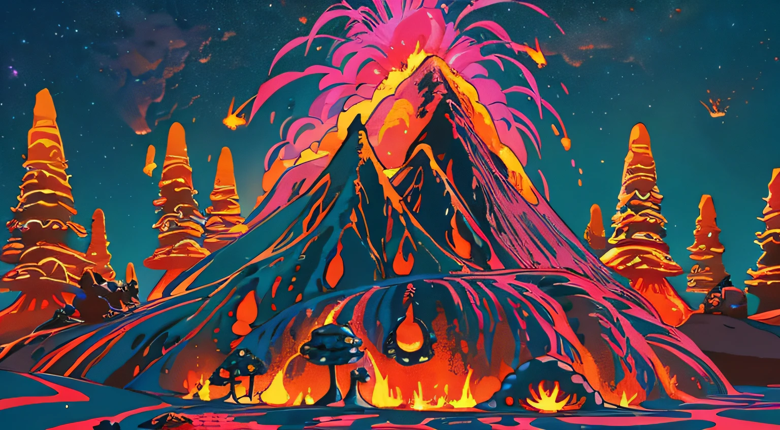 A surreal Pixar 3D representation of a volcanic eruption, channeling the style of Studio Ghibli, with a whimsical twist. The volcano is a quirky character, its lava resembling streams of neon-colored paint, set against a vibrant, magical landscape, with playful, animated expressions on the faces of enchanted forest creatures witnessing the eruption