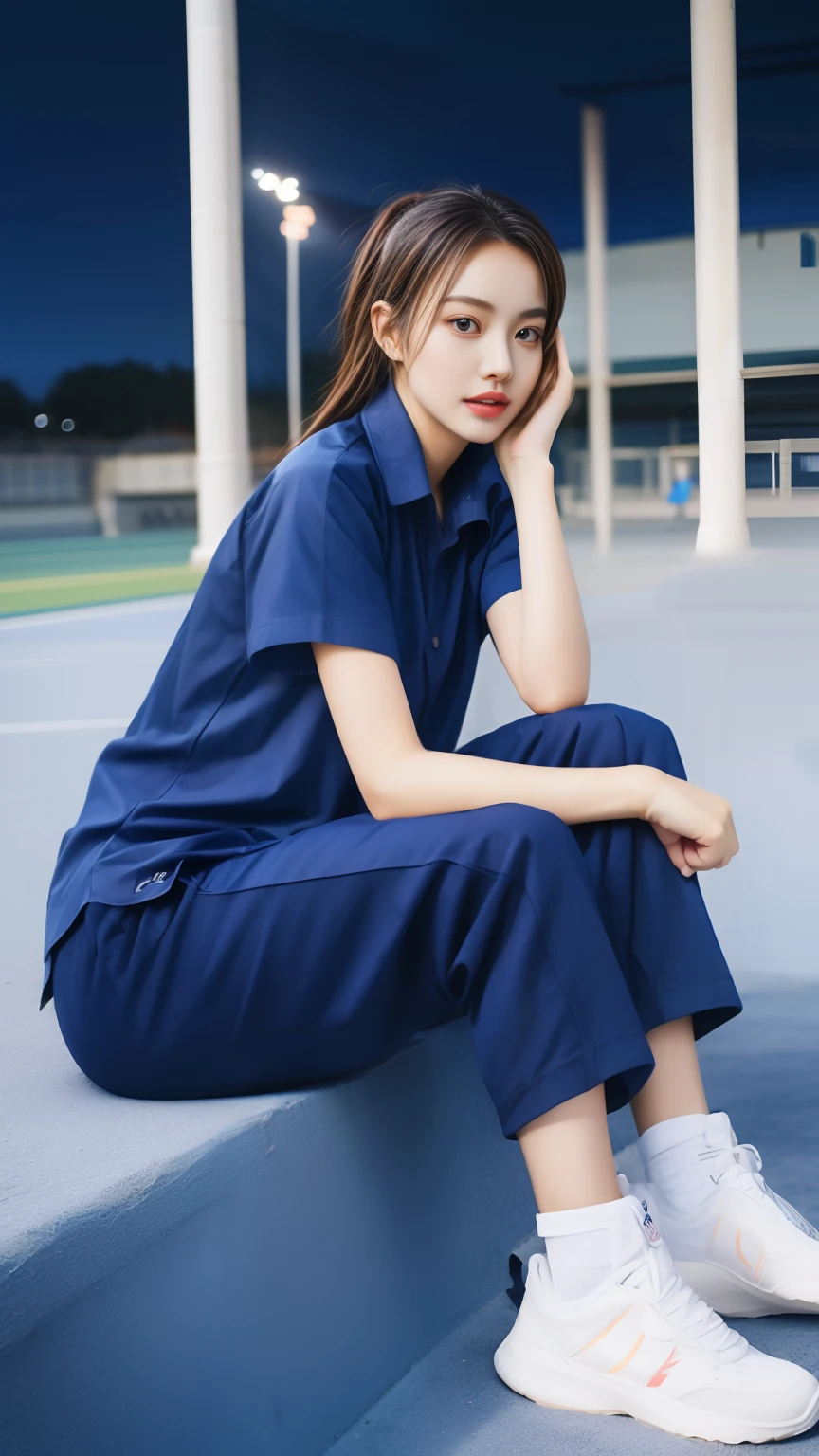 (bestquality,10,10,highres,masterpiece:1.2),ultra-detail,(Realistic,photorealistic portrait,photo-realistic:1.37),1 cute girl sitting on the football field,oily shiny skin,bara,light smile,BDclothes,((blue shirt:1.3)),short sleeves,shirt, trousers.,(navy_long_Pants Track:1.1), ((Stadium Background:1.3)),dynamic angle,excited,face focus,Dynamic Poses,from behide,Ass Focus,masterpiece, bestquality, ultra realistic, hyper-detail, 8k resolution, RAW photo, crisp focus, ((Navy blue shirt:1.1)), short sleeves, Long Path, Perfect body, 2 mature women, 18yo, cinematic light,Blue sweatpants,Gymware,Correct anatomy,Complete body, Correct body, sharp face, Anatomically correct body, full entire body, Realistic gestures, long-haired, Realistic poses,Wear long shorts....................,Long leg span,Shapely,Sculpting Girl, Slender Figure, mannequin mannequins, Shapely, Beautiful body,Blue sweatpants
