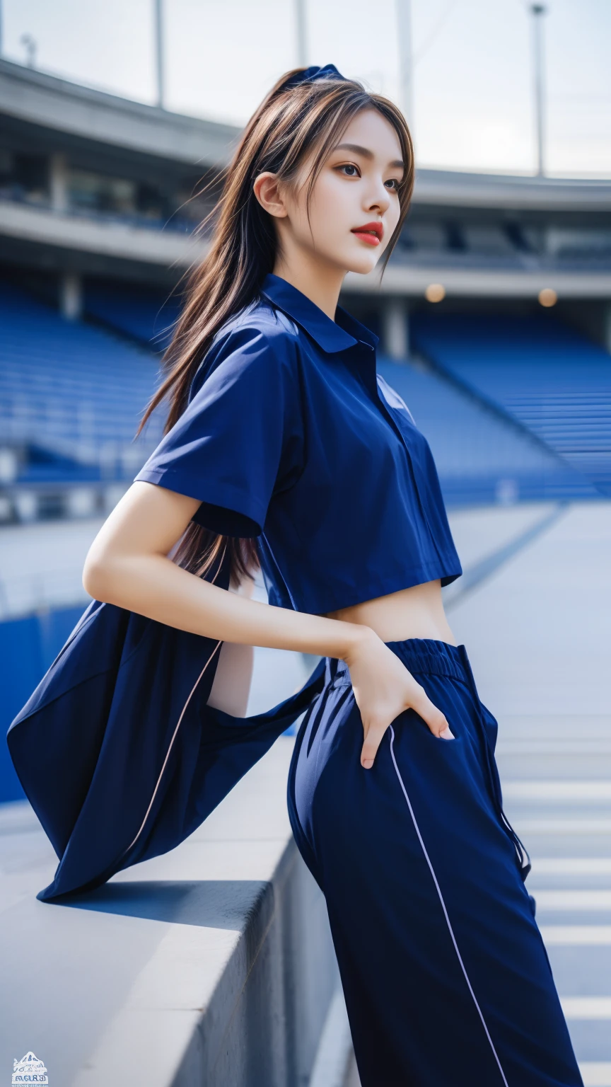 (bestquality,10,10,highres,masterpiece:1.2),ultra-detail,(Realistic,photorealistic portrait,photo-realistic:1.37),1 cute girl sitting on the football field,oily shiny skin,bara,light smile,BDclothes,((blue shirt:1.3)),short sleeves,shirt, trousers.,(navy_long_Pants Track:1.1), ((Stadium Background:1.3)),dynamic angle,excited,face focus,Dynamic Poses,from behide,Ass Focus,masterpiece, bestquality, ultra realistic, hyper-detail, 8k resolution, RAW photo, crisp focus, ((Navy blue shirt:1.1)), short sleeves, Long Path, Perfect body, 2 mature women, 18yo, cinematic light,Blue sweatpants,Gymware,Correct anatomy,Complete body, Correct body, sharp face, Anatomically correct body, full entire body, Realistic gestures, long-haired, Realistic poses,Wear long shorts.....................,Long leg span,Shapely,Sculpting Girl, Slender Figure, mannequin mannequins, Shapely, Beautiful body,Blue sweatpants