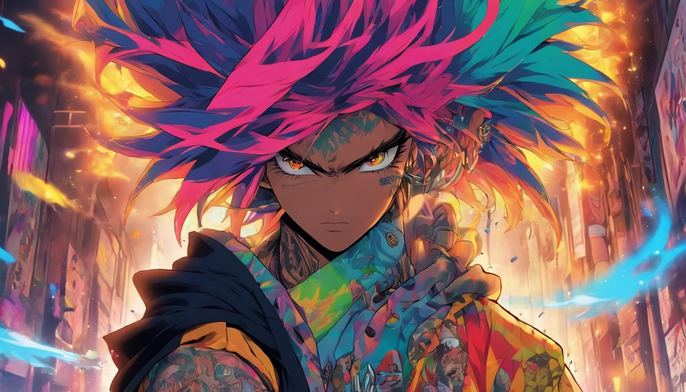A man with glass and amazing hair, anime style, rainbow colored hair, yellow eyes, wearing hoodie, graphic t-shirt, torn skinny jeans and highly detailed skateboard gear, tons of tattoos and piercings, highly detailed background, perfect masterpiece, high quality, high resolution