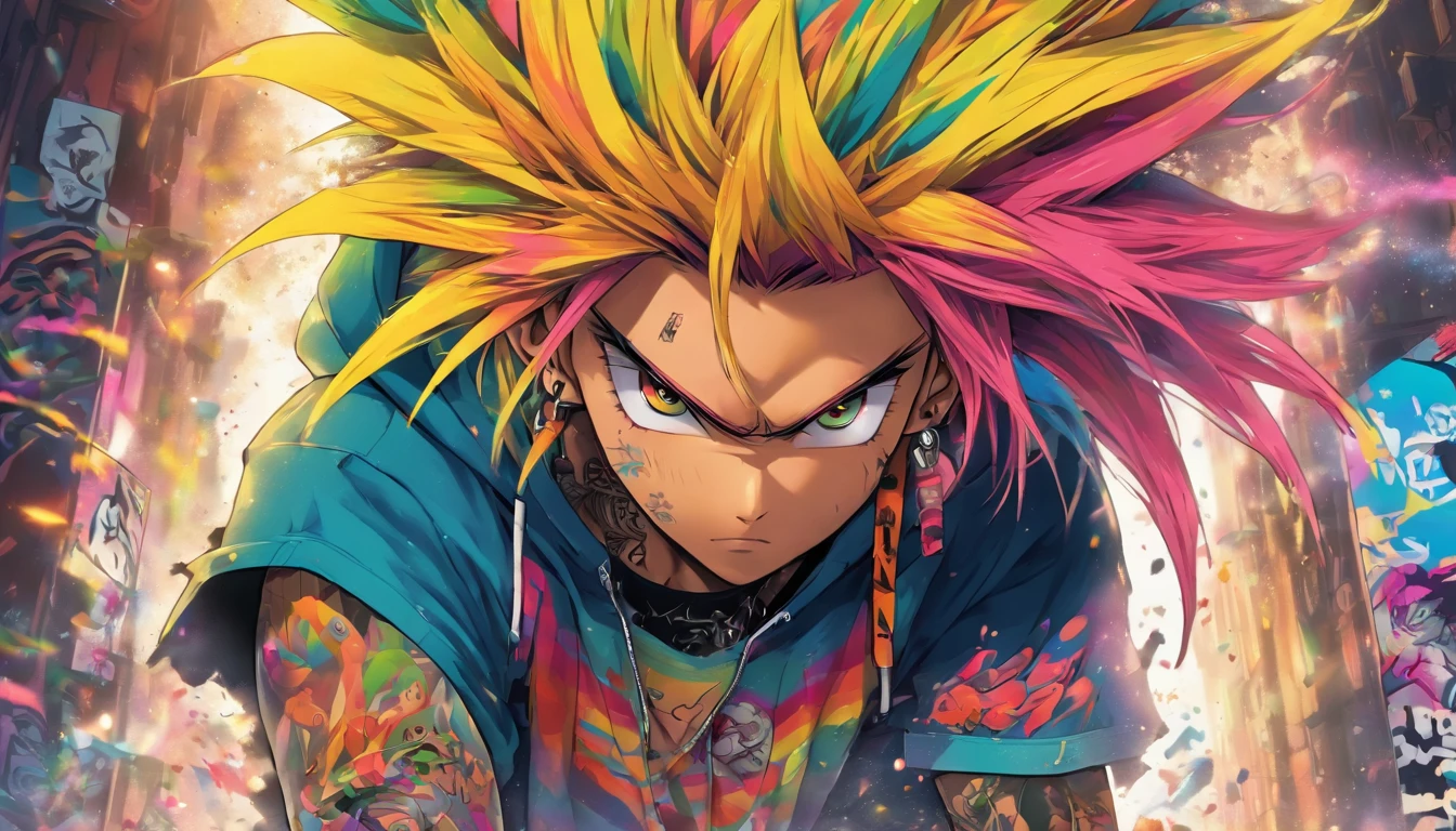 A man with glass and amazing hair, anime style, rainbow colored hair, yellow eyes, wearing hoodie, graphic t-shirt, torn skinny jeans and highly detailed skateboard gear, tons of tattoos and piercings, highly detailed background, perfect masterpiece, high quality, high resolution